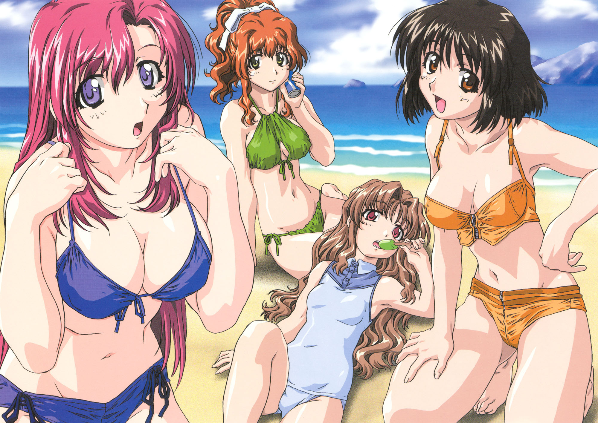 hayashiya shizuru, uon taraku, herikawa koishi, kazami mizuho, misumi kaede, morino ichigo, onegai teacher, highres, scan, 4girls, :d, :o, armpits, barefoot, beach, bikini, black hair, blush, bow, breasts, brown eyes, brown hair, can, casual one-piece swimsuit, cleavage, cleavage cutout, cloud, embarrassed, feet, flat chest, front-tie top, green eyes, hair bow, hand on own hip, kneeling, large breasts, long hair, lying, mountain, multiple girls, navel, on back, one-piece swimsuit, open mouth, orange hair, outdoors, pink eyes, pink hair, ponytail, popsicle, purple eyes, red eyes, short hair, side-tie bikini bottom, sitting, sky, smile, swimsuit, water, wavy hair, zipper