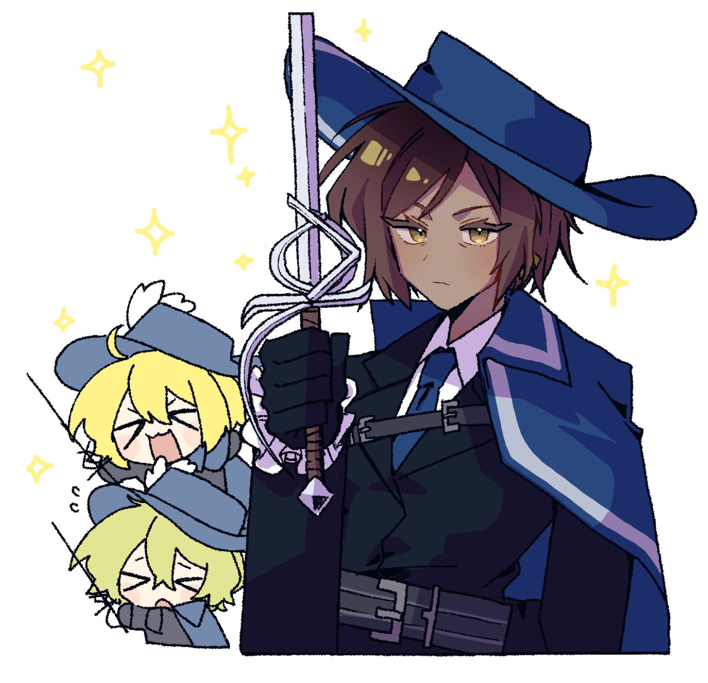 nantekottawo!!, don quixote (project moon), outis (project moon), sinclair (project moon), limbus company, project moon, highres, > <, 1boy, 2girls, black gloves, black jacket, black vest, blonde hair, blue cape, blue hat, blue necktie, cape, cavalier hat, chibi, chibi inset, cinq association south uniform, collared shirt, dark-skinned female, dark skin, gloves, hat, hat feather, holding, holding sword, holding weapon, jacket, looking at viewer, multiple girls, musketeer, necktie, rapier, shirt, short hair, simple background, solo focus, sword, upper body, vest, weapon, white background, white shirt, yellow eyes