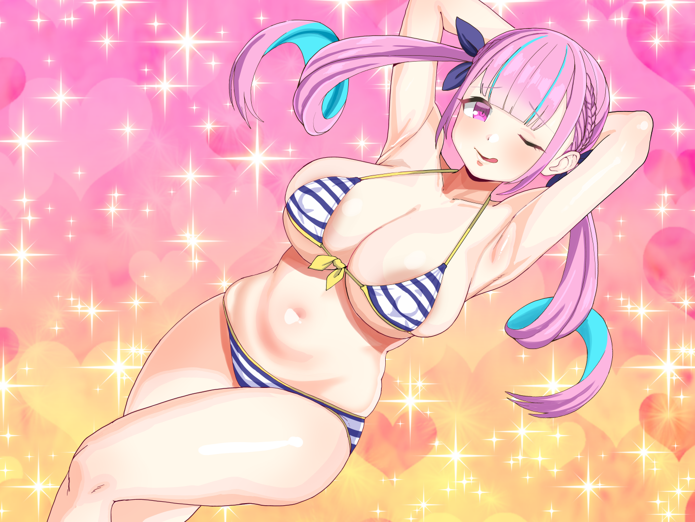 morisoba (silent hill), minato aqua, minato aqua (hololive summer 2019), hololive, commentary, 1girl, aqua hair, areola slip, armpit crease, armpits, arms behind head, arms up, bikini, blue bikini, blush, braid, breasts, cleavage, collarbone, colored inner hair, covered erect nipples, crossed legs, curly hair, hair ribbon, heart, heart background, large breasts, long hair, looking at viewer, multicolored bikini, multicolored hair, naughty face, navel, no ahoge, one eye closed, open mouth, pink background, pink eyes, pink hair, purple ribbon, ribbon, smile, solo, sparkle, stomach, streaked hair, striped bikini, striped clothes, swimsuit, thighs, tongue, tongue out, twintails, two-tone hair, virtual youtuber, white bikini