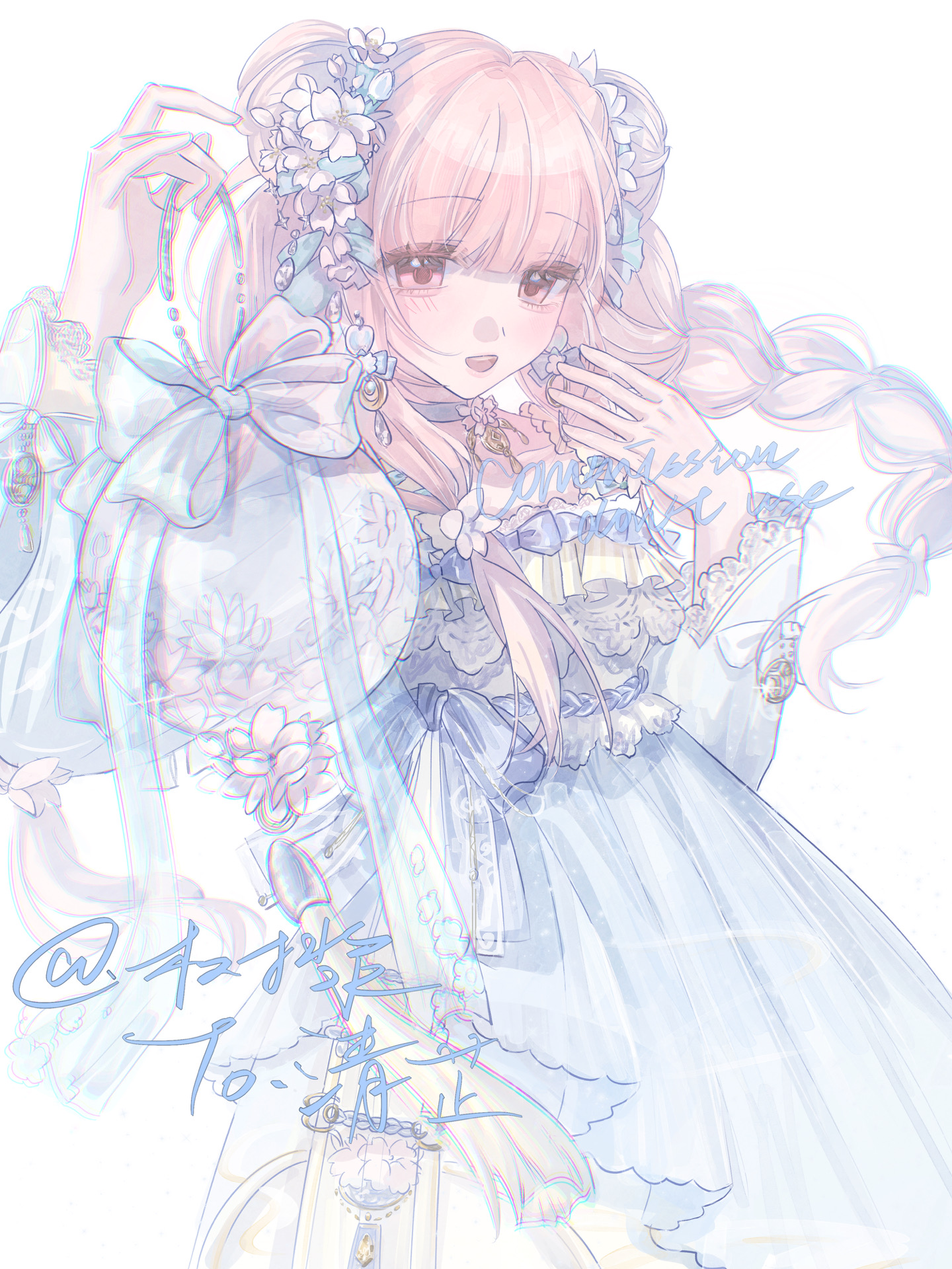 nikki (nikki), nikki (series), chinese commentary, commentary request, commission, highres, procreate (medium), 1girl, bag, bag bow, blue bag, blue bow, blue choker, blue dress, blunt bangs, bow, braid, choker, commissioner name, cowboy shot, dress, dress bow, earrings, floating hair, flower, flower earrings, hair flower, hair ornament, hand up, handbag, happy, holding, holding bag, jewelry, lace-trimmed sleeves, lace trim, light blush, long dress, long hair, long sleeves, low-tied sidelocks, neck flower, open mouth, pink eyes, pink hair, pleated dress, shujiang, sidelocks, signature, simple background, smile, solo, standing, teeth, twin braids, twintails, upper teeth only, very long hair, white background, white flower, wind chime