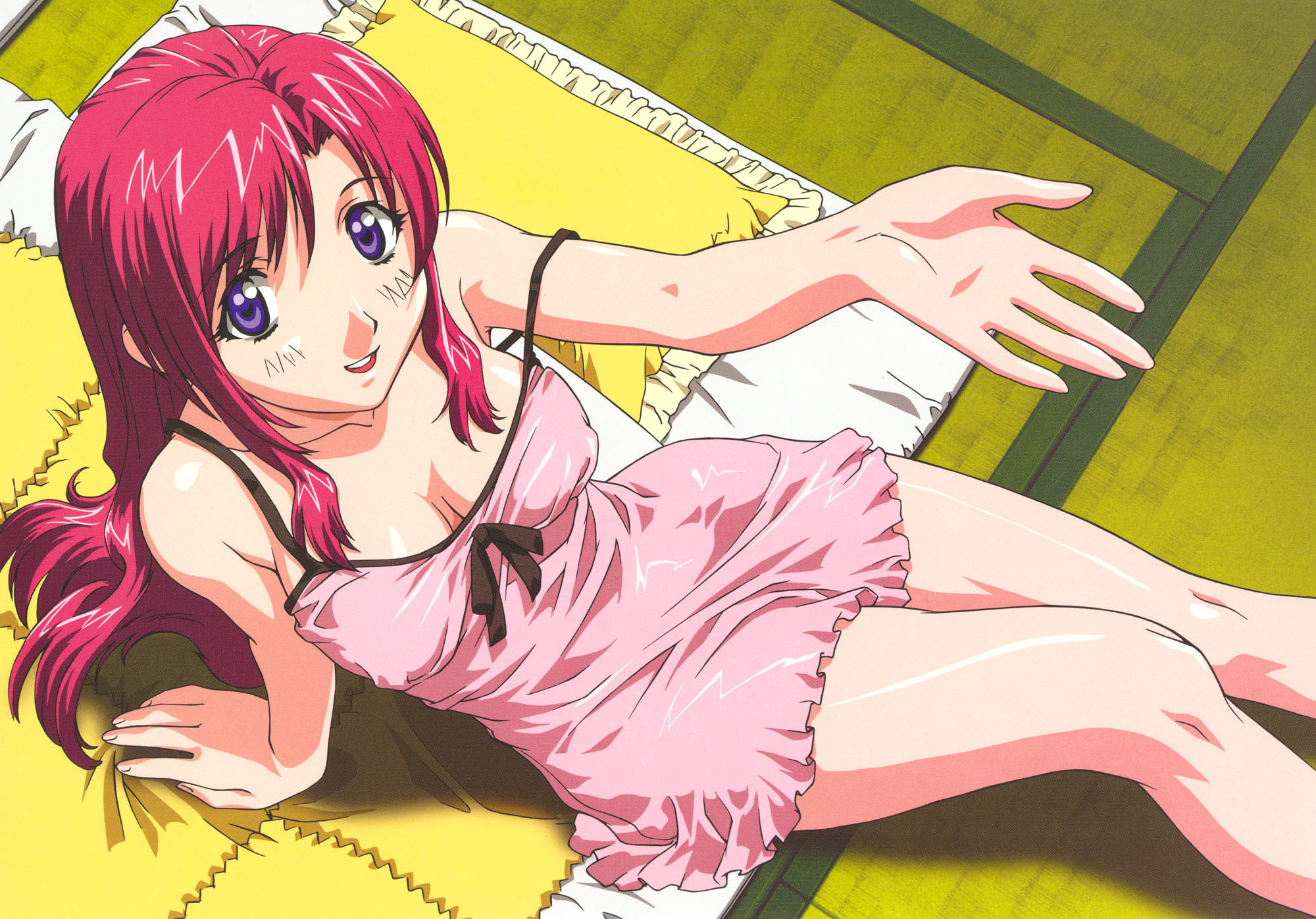 hayashiya shizuru, makino ryuuichi, kazami mizuho, onegai teacher, highres, scan, 00s, 1girl, arm support, blush, bow, breasts, chemise, cleavage, covered erect nipples, female focus, frilled pillow, frills, from above, large breasts, legs, lingerie, lipstick, long hair, makeup, nightgown, on floor, outstretched hand, pillow, pink hair, purple eyes, reclining, sitting, smile, solo, strap slip, tatami, underwear
