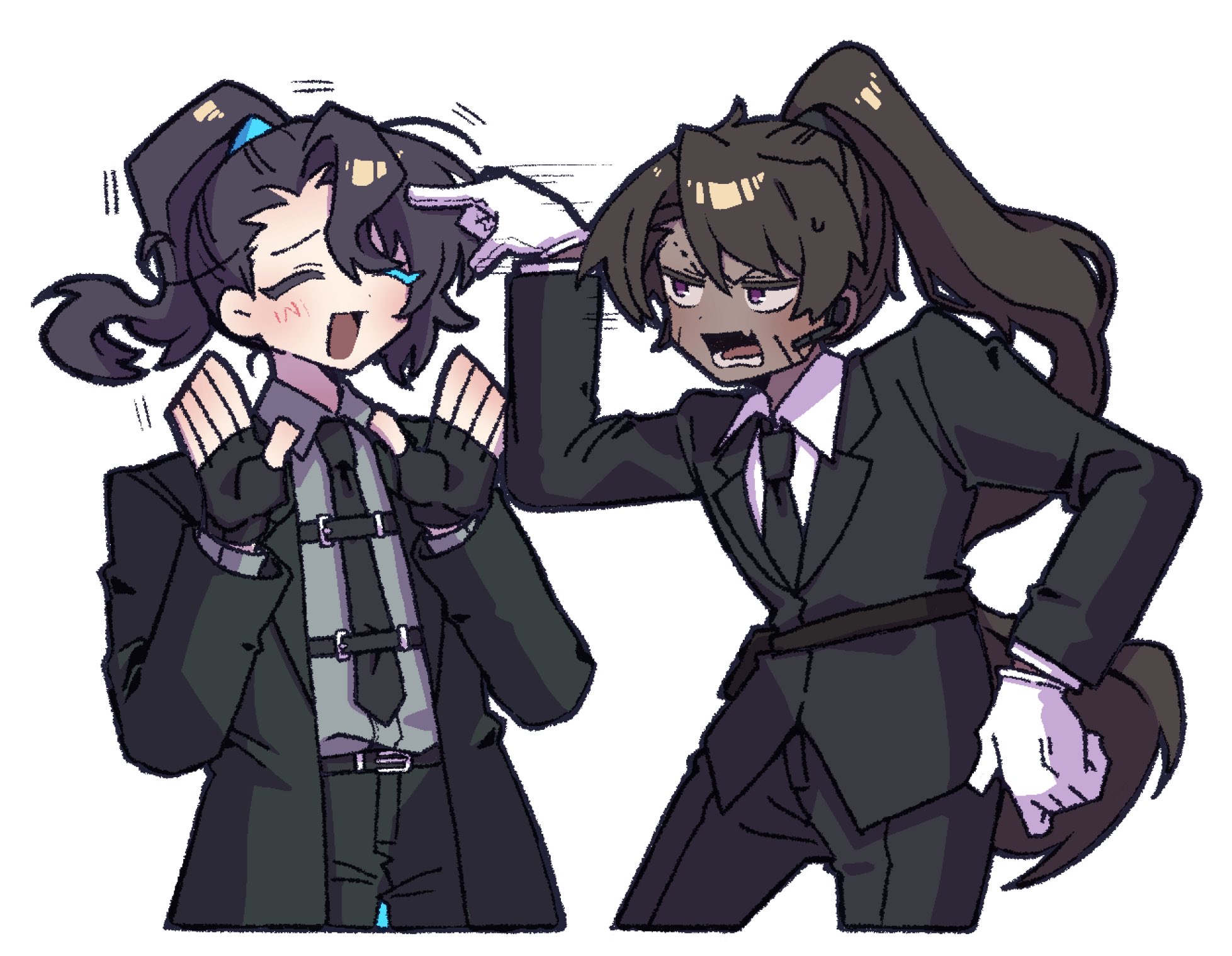 nantekottawo!!, heathcliff (project moon), hong lu (project moon), limbus company, project moon, highres, 2boys, :d, angry, black coat, black gloves, black hair, black necktie, brown hair, closed eyes, coat, collared shirt, dark-skinned male, dark skin, fingerless gloves, full-stop office (identity) (project moon), gloves, grey shirt, high ponytail, long hair, long sleeves, looking at another, male focus, multiple boys, necktie, open mouth, ponytail, purple eyes, shirt, simple background, smile, standing, upper body, white background, white gloves, white shirt
