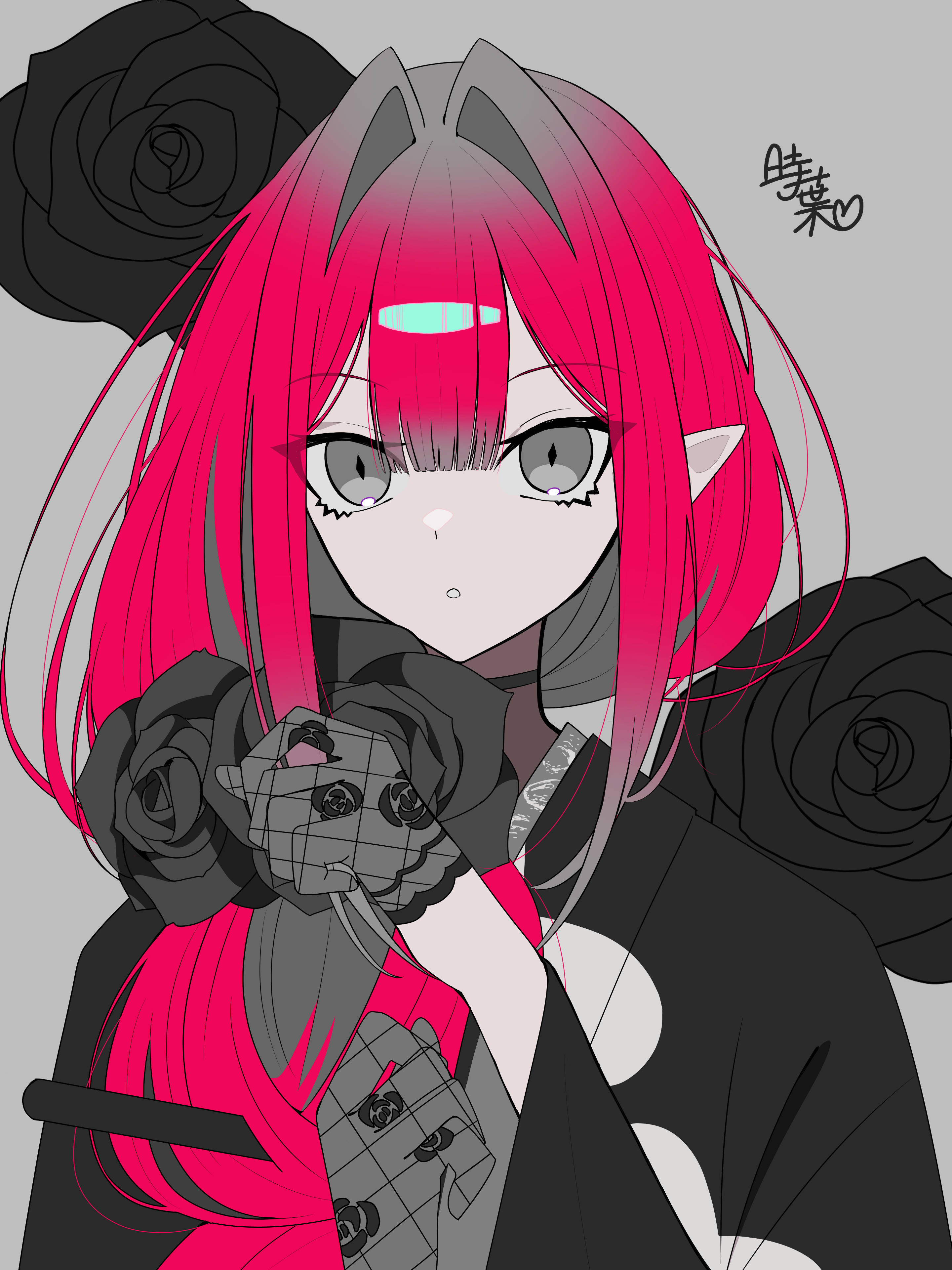 koma315ht, baobhan sith (fate), fate/grand order, fate (series), absurdres, highres, baobhan sith (over the same sky) (fate), black flower, black kimono, black rose, braid, flower, gloves, grey eyes, grey gloves, japanese clothes, kimono, looking at viewer, pointy ears, red hair, rose, signature, single braid, solo