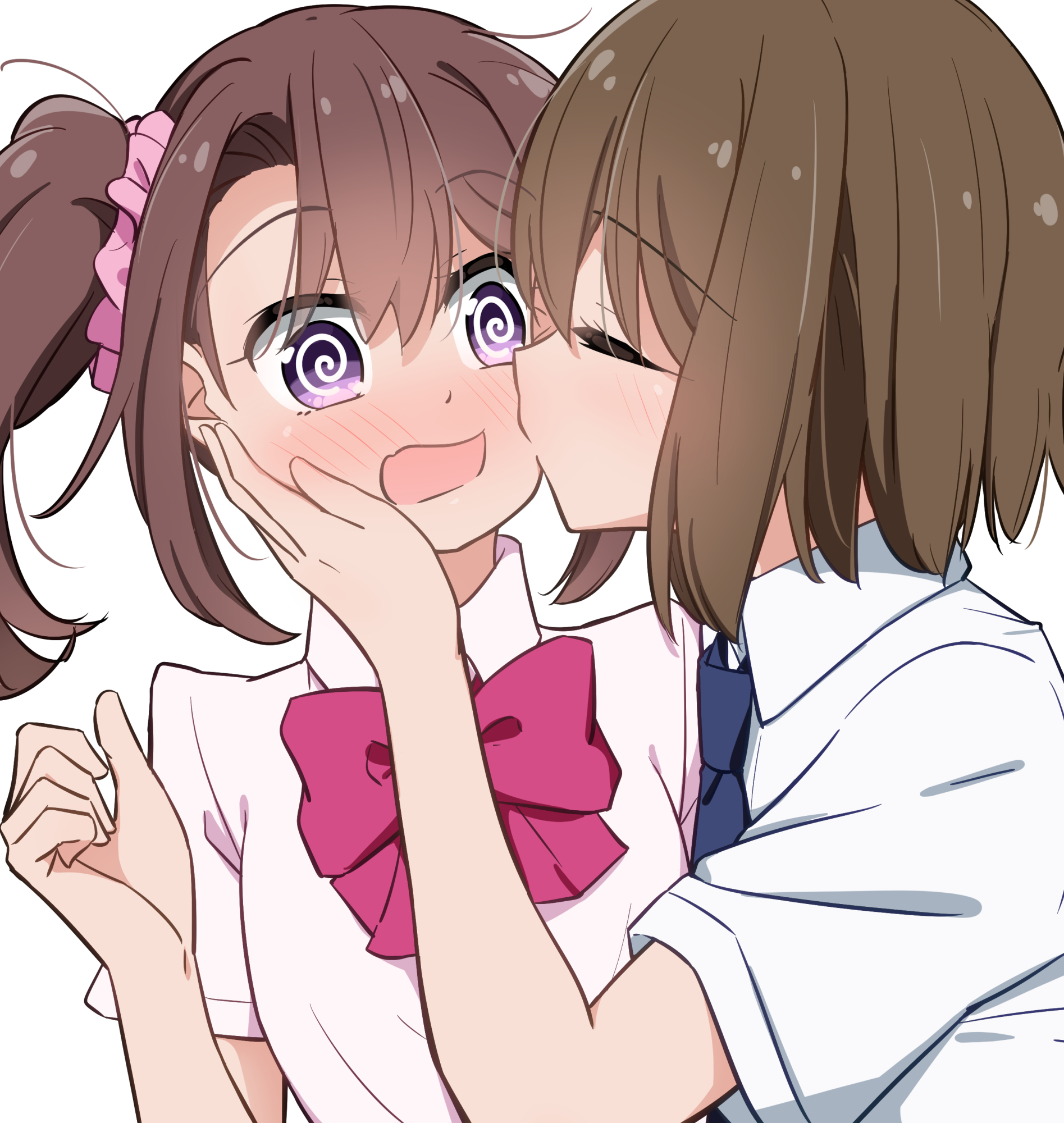 miruzawa akechi, hayama hiyori, kodaka saki, extreme hearts, commentary request, highres, 2girls, @ @, blue necktie, blush, bow, bowtie, brown hair, closed eyes, collared shirt, hair between eyes, hair ornament, hair scrunchie, hand on another's cheek, hand on another's face, hand up, kiss, kissing cheek, long bangs, medium hair, multiple girls, necktie, open mouth, pink bow, pink bowtie, pink scrunchie, purple eyes, scrunchie, shirt, short sleeves, side ponytail, sidelocks, simple background, surprise kiss, surprised, upper body, white background, white shirt, yuri