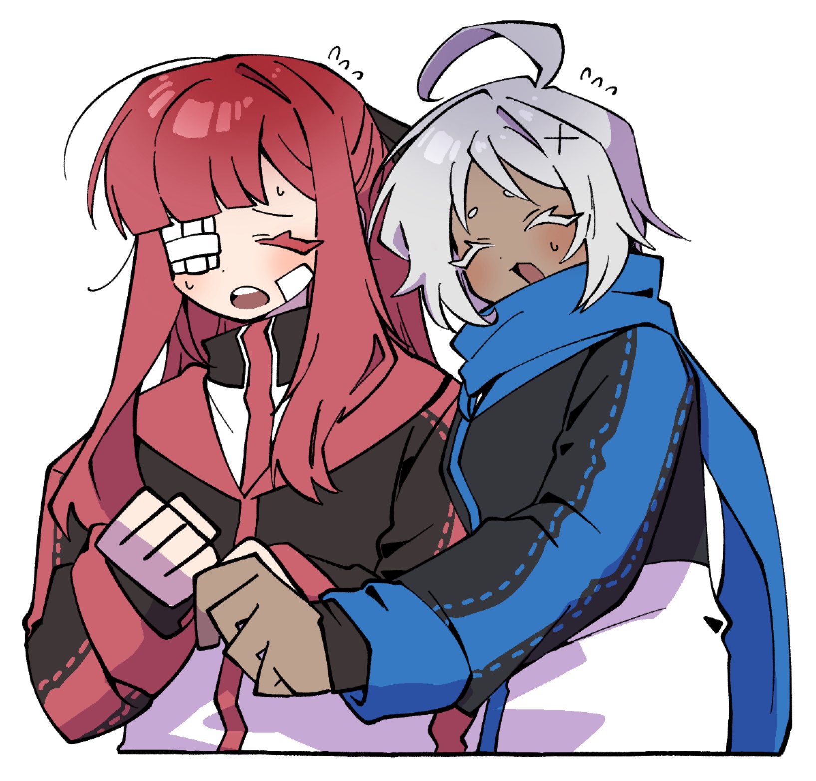 nantekottawo!!, aya (project moon), yuri (project moon), limbus company, project moon, highres, 2girls, :o, ahoge, black bow, black jacket, blue scarf, bow, closed eyes, dark-skinned female, dark skin, gauze, gauze over eye, hair bow, jacket, long hair, long sleeves, looking at viewer, multiple girls, open mouth, pink hair, scarf, short hair, sidelocks, simple background, sweatdrop, upper body, white background, white hair
