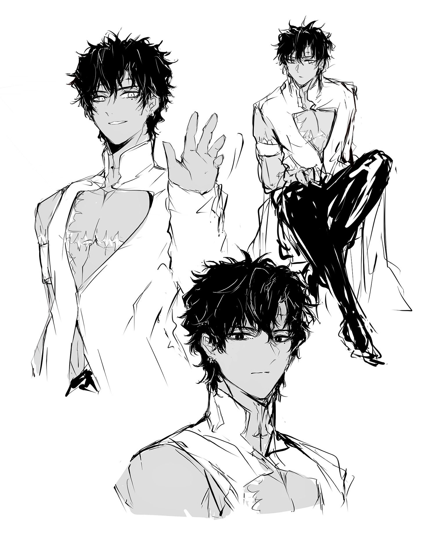 sodamachi, tyki mikk, d.gray-man, highres, 1boy, armband, black hair, black pants, clone, dark-skinned male, dark skin, earrings, facial mark, forehead mark, frown, greyscale, hair between eyes, hand on own thigh, hoop earrings, invisible chair, jewelry, long shirt, long sleeves, looking at viewer, male focus, mature male, messy hair, mole, mole under eye, monochrome, multiple expressions, neck tattoo, noah (d.gray-man), pants, parted lips, pectoral cleavage, pectorals, scar, scar on arm, scar on chest, shirt, short hair, sidelocks, simple background, single bare shoulder, single sleeve, sitting, smile, solo, tattoo, waving, wavy hair, white background, wrist cuffs