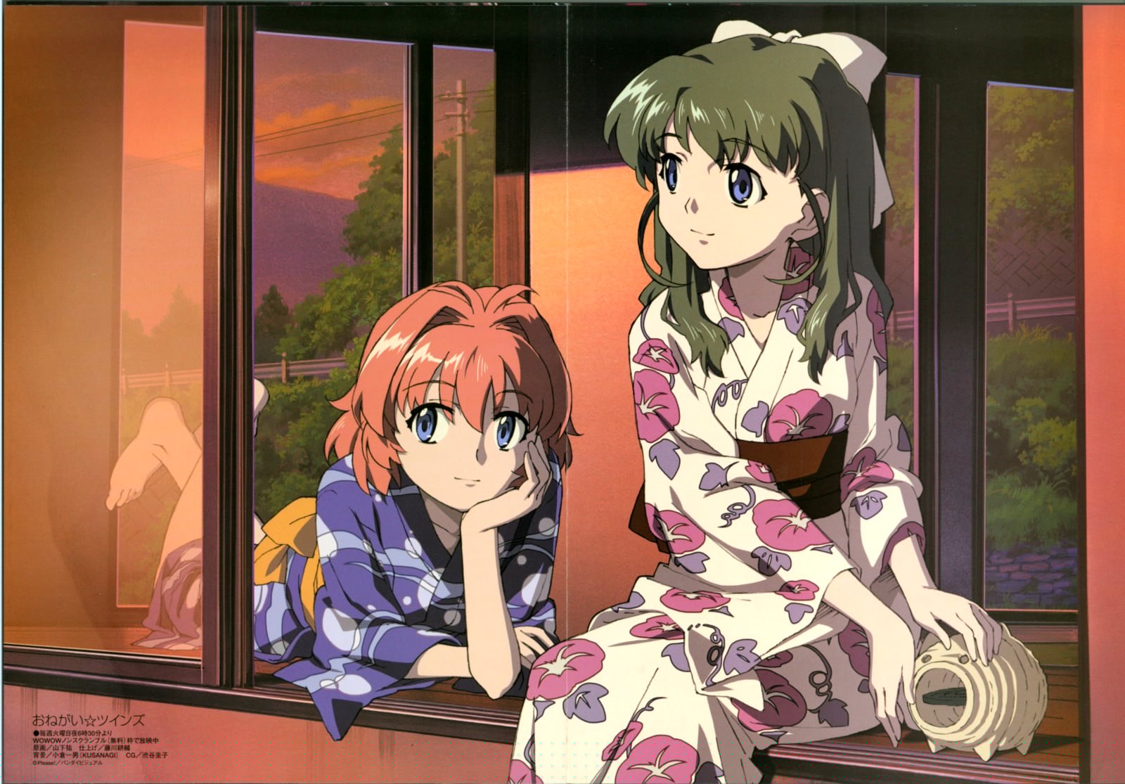 yamashita yuu, miyafuji miina, onodera karen, onegai twins, highres, 00s, 2girls, blue eyes, bow, green hair, japanese clothes, kimono, multiple girls, pink hair