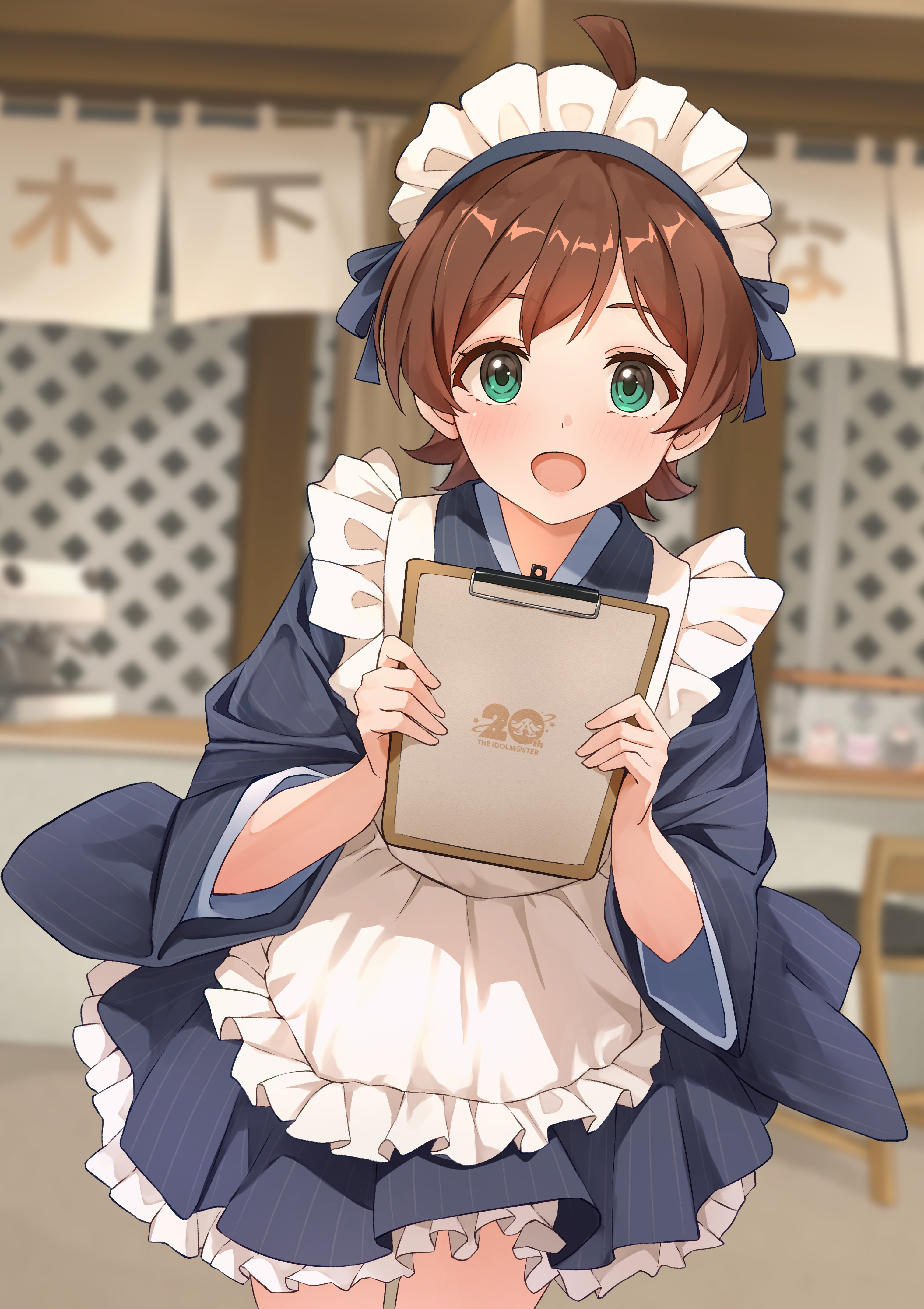 b1ack illust, kinoshita hinata, idolmaster, idolmaster million live!, absurdres, commentary, commission, highres, pixiv commission, 1girl, apron, black kimono, blush, brown hair, clipboard, flipped hair, frilled apron, frills, green eyes, holding, holding clipboard, japanese clothes, kimono, looking at viewer, maid, maid apron, maid headdress, petticoat, short hair, smile, solo, wa maid, waitress, white apron