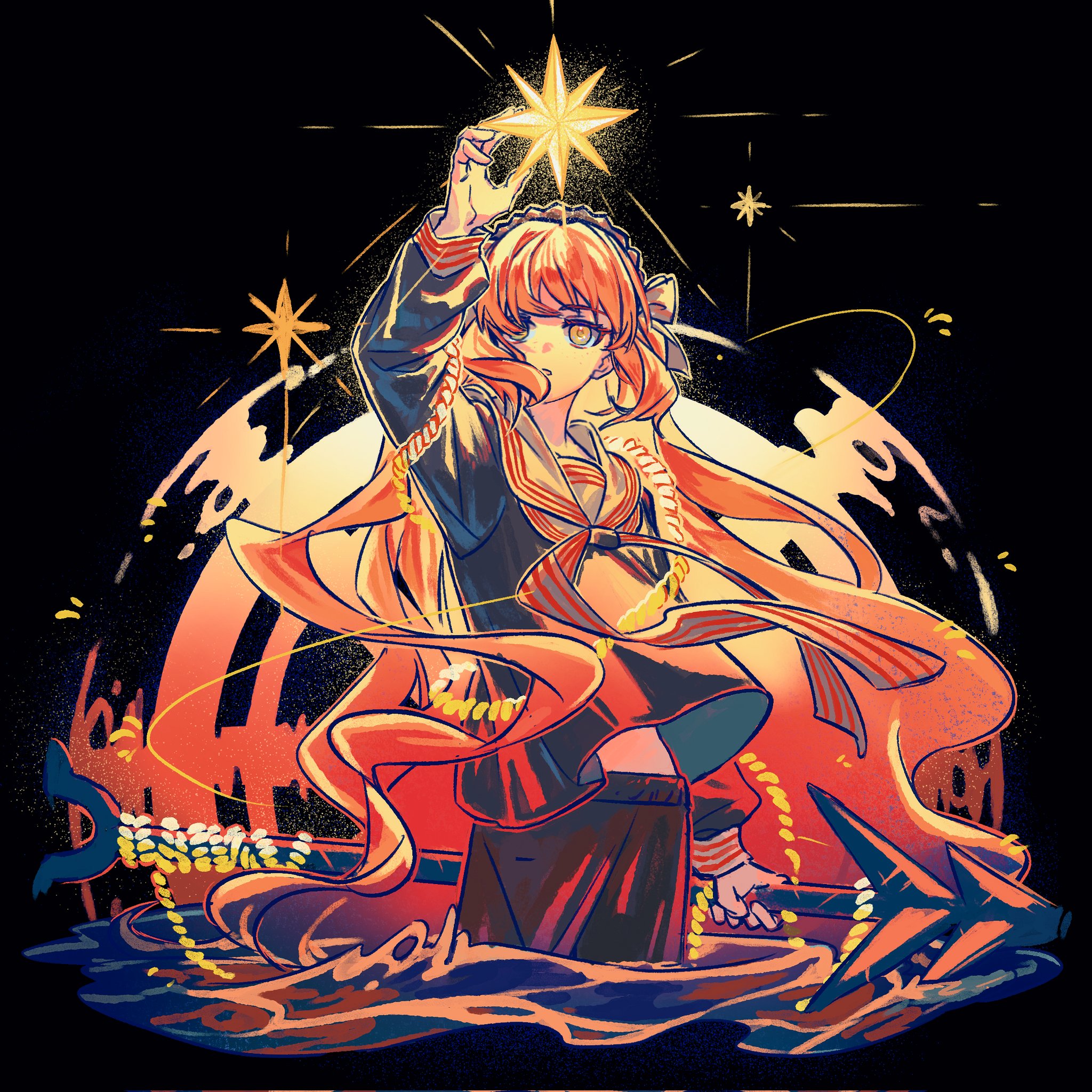 shiqicheng, ishmael (project moon), limbus company, project moon, highres, 1girl, black background, black shirt, bow, brown hairband, freckles, hair bow, hairband, holding harpoon, long hair, long sleeves, looking at object, neckerchief, orange hair, sailor collar, shirt, simple background, snagharpoon (e.g.o), solo, standing, star (symbol), striped neckerchief, upper body, water, white bow, white sailor collar, yellow eyes