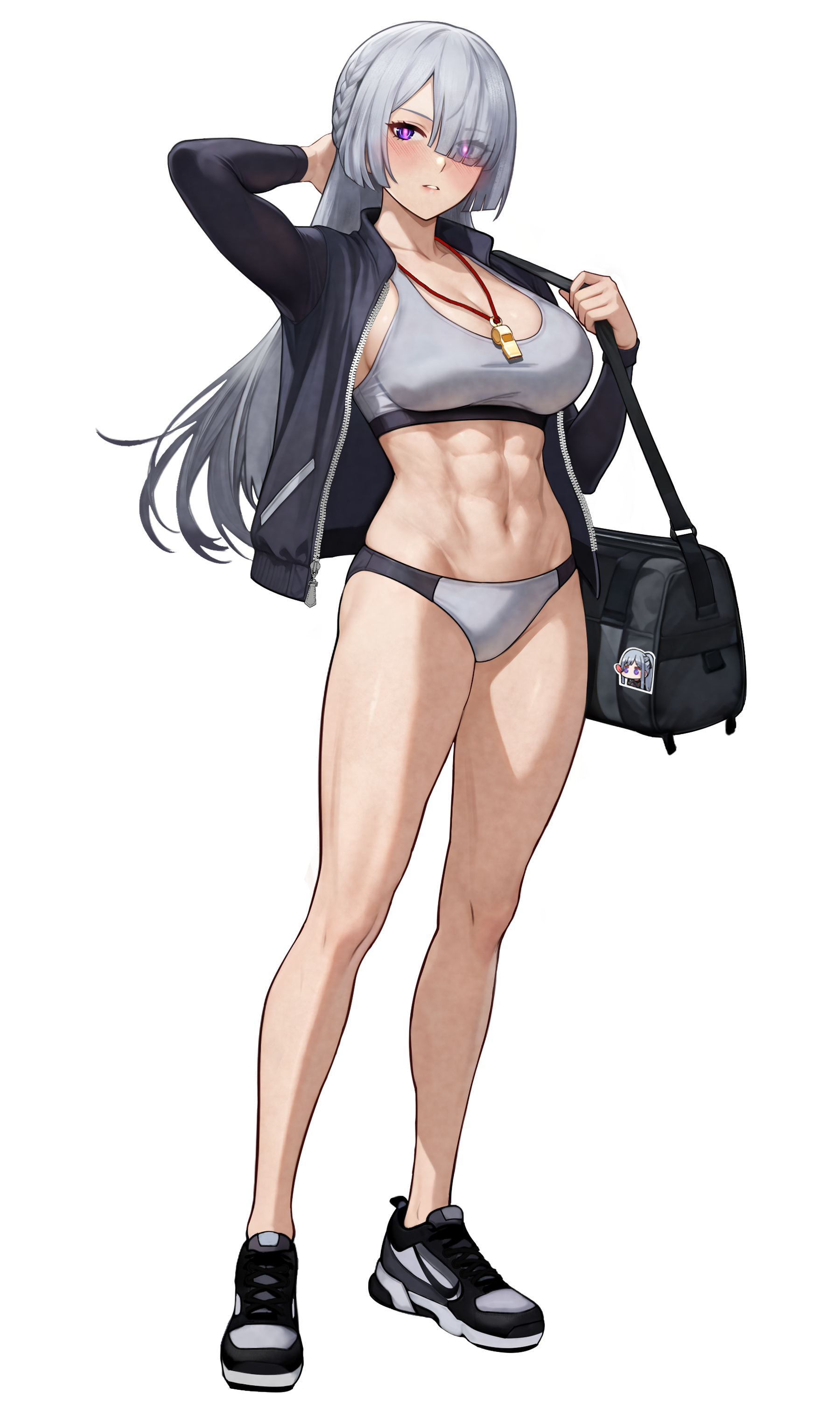 art undertaker, ak-12 (girls' frontline), ak-15 (girls' frontline), girls' frontline, girls' frontline 2: exilium, absurdres, commentary request, highres, korean commentary, 1girl, abs, alternate costume, arm behind head, bag, black jacket, black shoes, blush, character sticker, duffel bag, full body, glowing pupils, gold whistle, grey hair, hair over one eye, holding, holding bag, jacket, long hair, multicolored shoes, open clothes, open jacket, parted lips, purple eyes, shoes, simple background, sneakers, solo, sports bikini, standing, sticker, two-tone shoes, voymastina (girls' frontline 2), whistle, whistle around neck, white background, white shoes