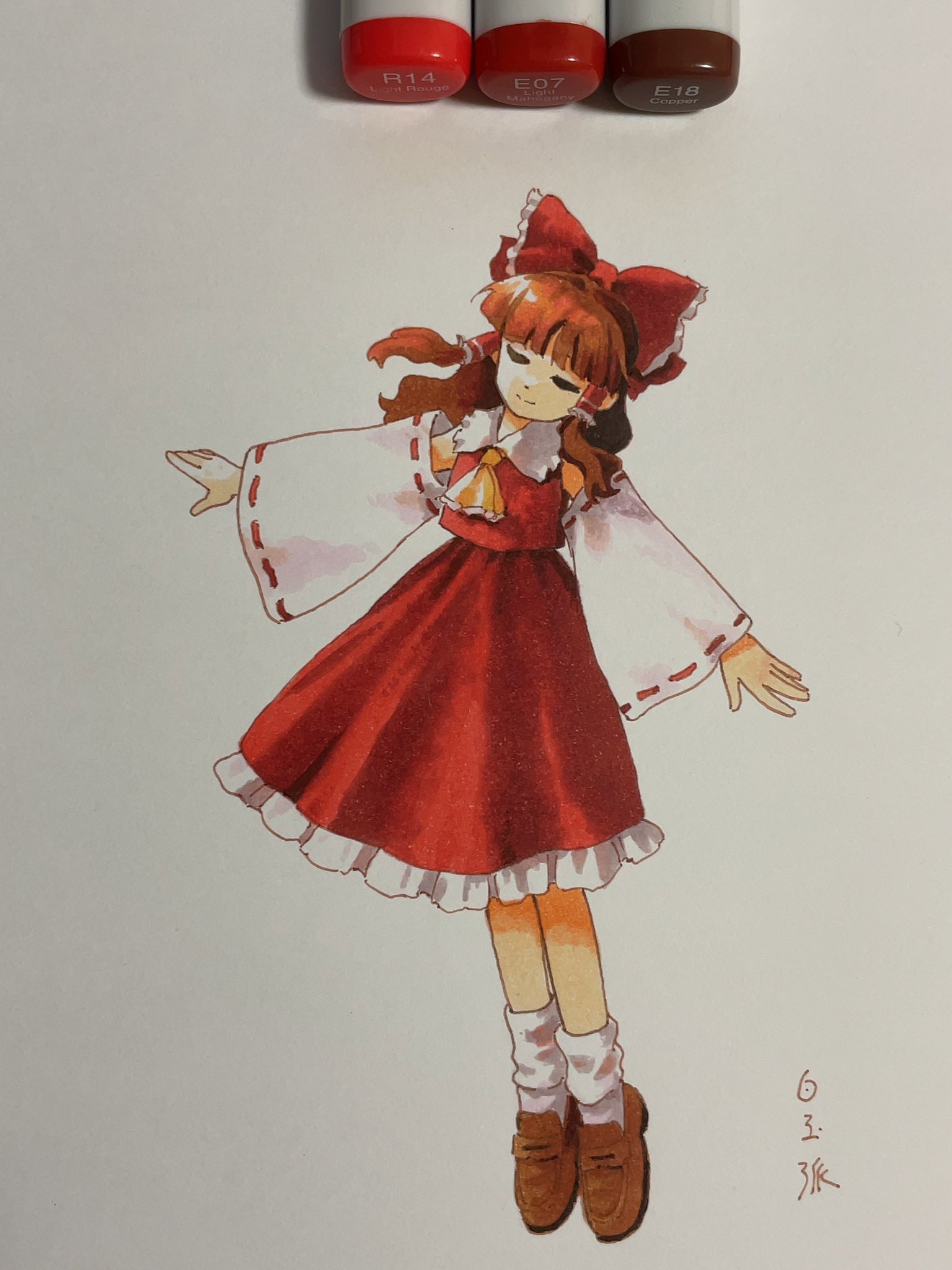 shiratama (hockey), hakurei reimu, touhou, commentary request, highres, marker (medium), traditional media, 1girl, art tools in frame, artist name, ascot, bow, brown hair, brown shoes, closed mouth, collared shirt, detached sleeves, facing viewer, frilled bow, frilled hair tubes, frilled shirt collar, frilled skirt, frills, hair bow, hair tubes, loafers, long hair, long sleeves, marker, red bow, red shirt, red skirt, ribbon-trimmed sleeves, ribbon trim, shirt, shoes, signature, skirt, sleeveless, sleeveless shirt, socks, solo, white sleeves, white socks, wide sleeves, yellow ascot