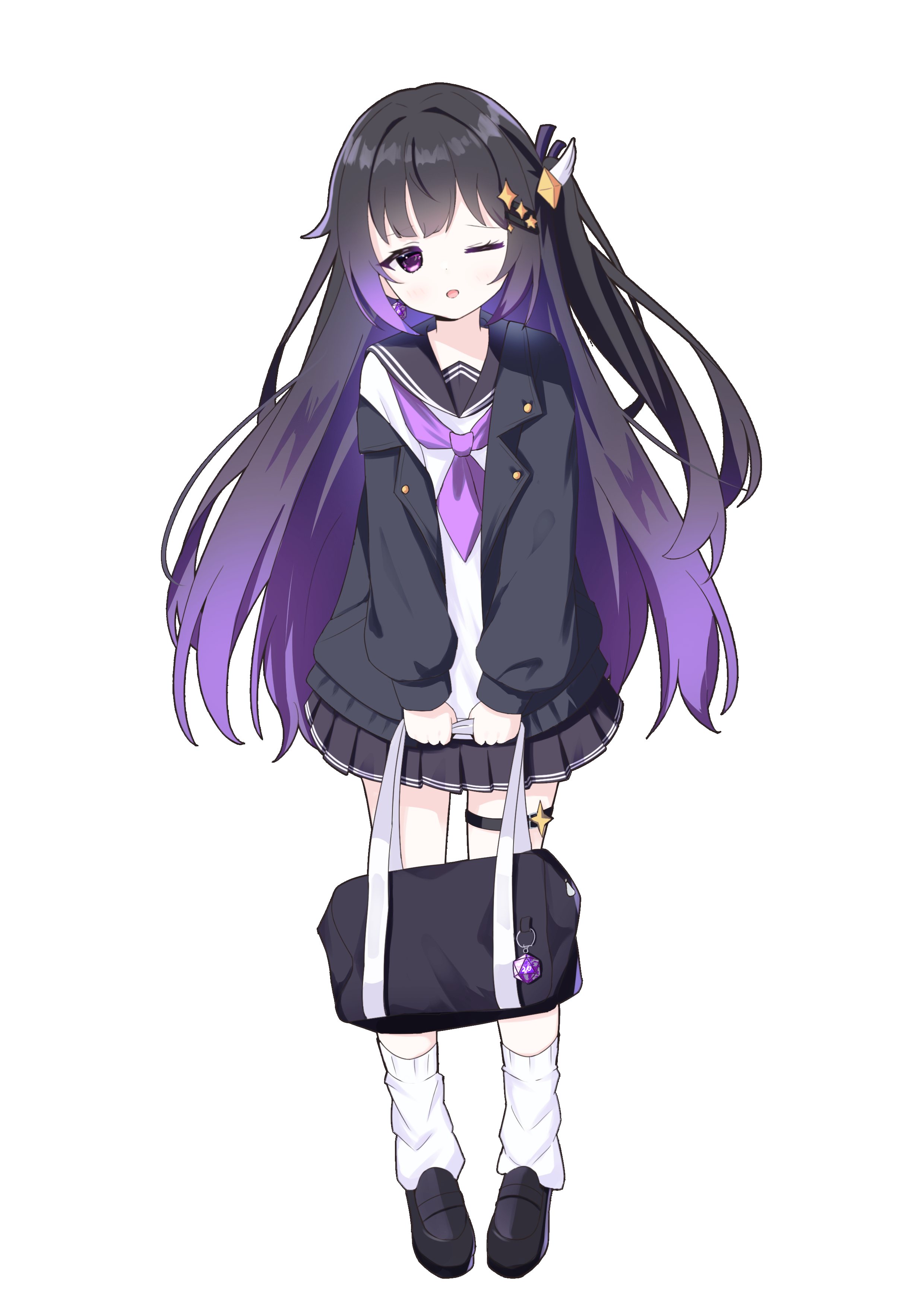 original, absurdres, artist request, commentary request, commission, highres, second-party source, 1girl, bag, bag charm, black hair, black jacket, black sailor collar, black shoes, black skirt, blazer, charm (object), d20 (die), diamond hair ornament, dice, dice earrings, dot nose, earrings, full body, gradient hair, hair ornament, holding, holding bag, jacket, jewelry, lapels, loafers, long hair, looking at viewer, loose socks, miniskirt, multicolored hair, neckerchief, notched lapels, off shoulder, one eye closed, one side up, open clothes, open jacket, open mouth, pleated skirt, polyhedral dice, purple eyes, purple hair, purple neckerchief, sailor collar, school bag, school uniform, serafuku, shirt, shoes, skirt, socks, solo, standing, star (symbol), star hair ornament, straight-on, straight hair, thigh strap, transparent background, white shirt, white socks