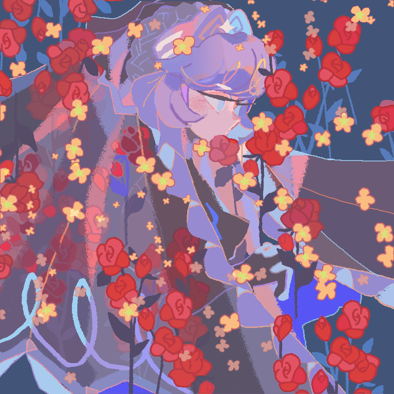 reed, pastry cookie, cookie run, cookie run: kingdom, commentary, symbol-only commentary, 1girl, black dress, black gloves, black veil, blue background, blue eyes, closed mouth, dress, elbow gloves, flower, from side, gloves, holding, holding flower, humanization, looking at flowers, no pupils, official alternate color, pastry cookie (shadow sister), profile, puffy short sleeves, puffy sleeves, purple hair, red flower, red rose, rose, short hair, short sleeves, simple background, solo, swept bangs, upper body, veil, yellow flower