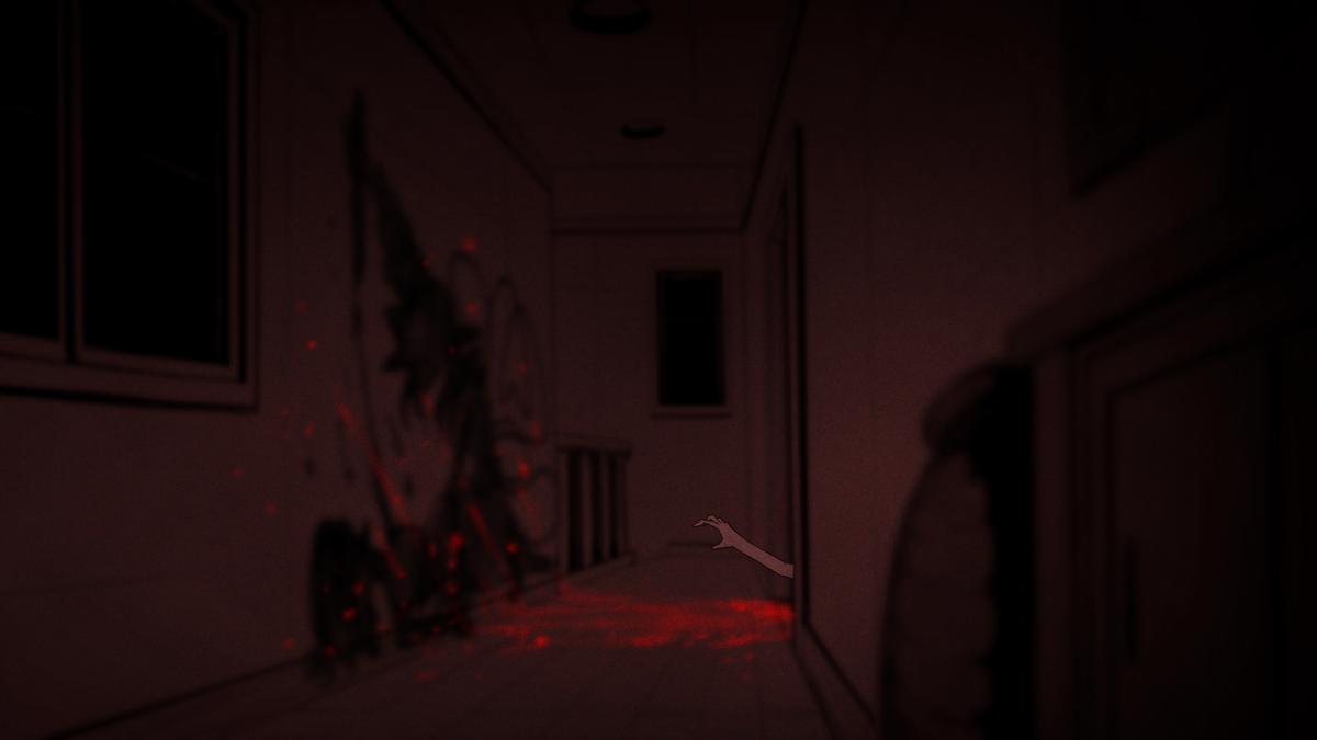 joyfull (terrace), komeiji koishi, touhou, urban legend in limbo, 1other, blood, blood splatter, blurry, corpse, dark, death, door, horror (theme), indoors, monochrome, monster, muisiki rekuiemu, weapon, window