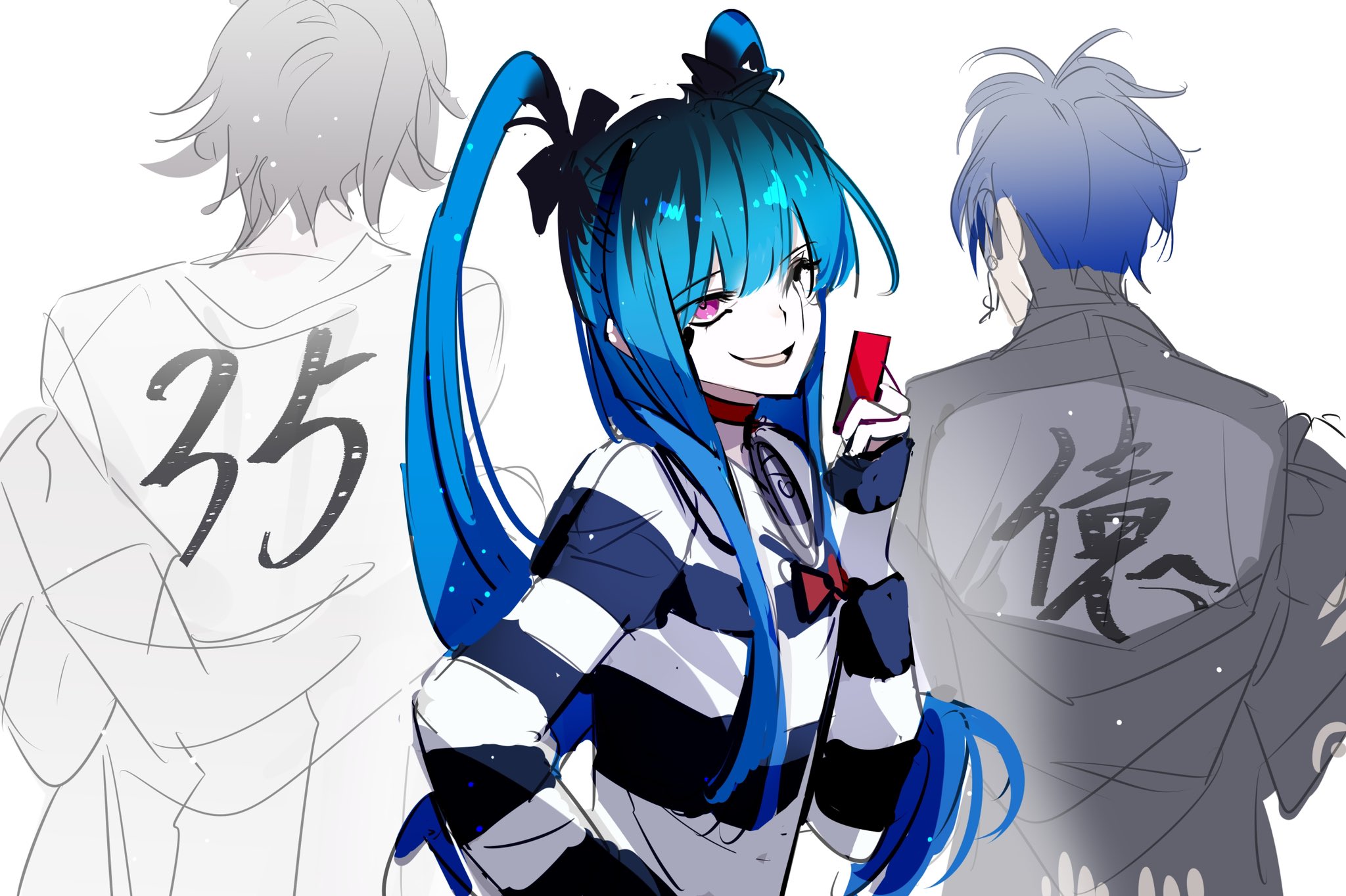 tansuan yun, amemiya darumi, aotsuki eito, omokage yugamu, the hundred line -last defense academy-, 1girl, 2boys, black bow, black hair, blue hair, bow, card, earrings, facing away, female focus, hand on own hip, holding, holding card, hoodie, japanese clothes, jewelry, looking at viewer, multicolored hair, multiple boys, red bow, safety pin, shirt, short hair, striped clothes, striped shirt, turning head, twintails, white background, white hoodie
