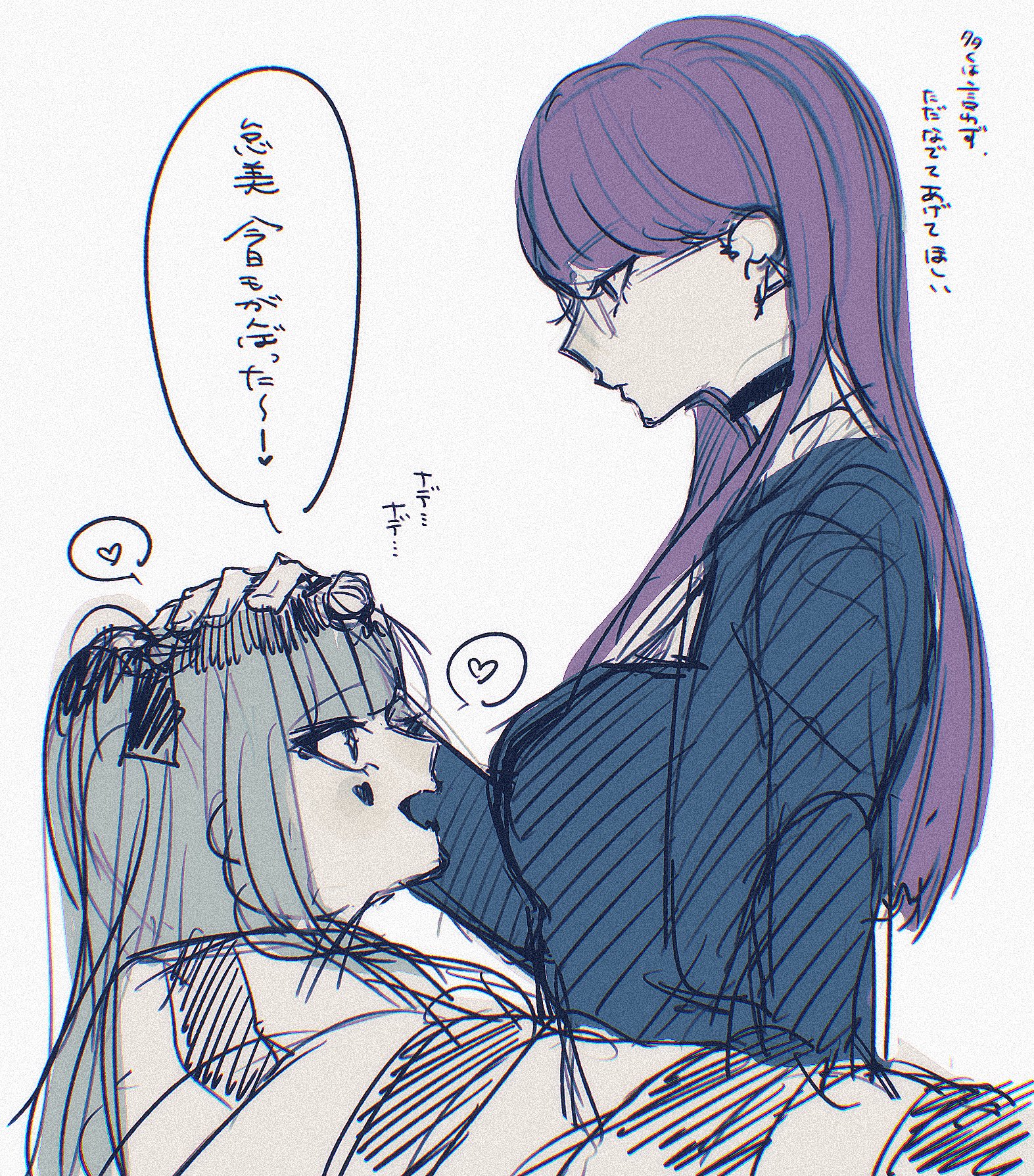 amemiya darumi, shizuhara hiruko, the hundred line -last defense academy-, 2girls, arms around waist, black dress, black jacket, blue hair, breasts, dn0lt, dress, earrings, glasses, hand on another's head, heart, jacket, jewelry, long hair, long sleeves, looking at another, looking down, multiple girls, open mouth, profile, purple hair, shirt, speech bubble, striped clothes, striped shirt, twintails, upper body, yuri