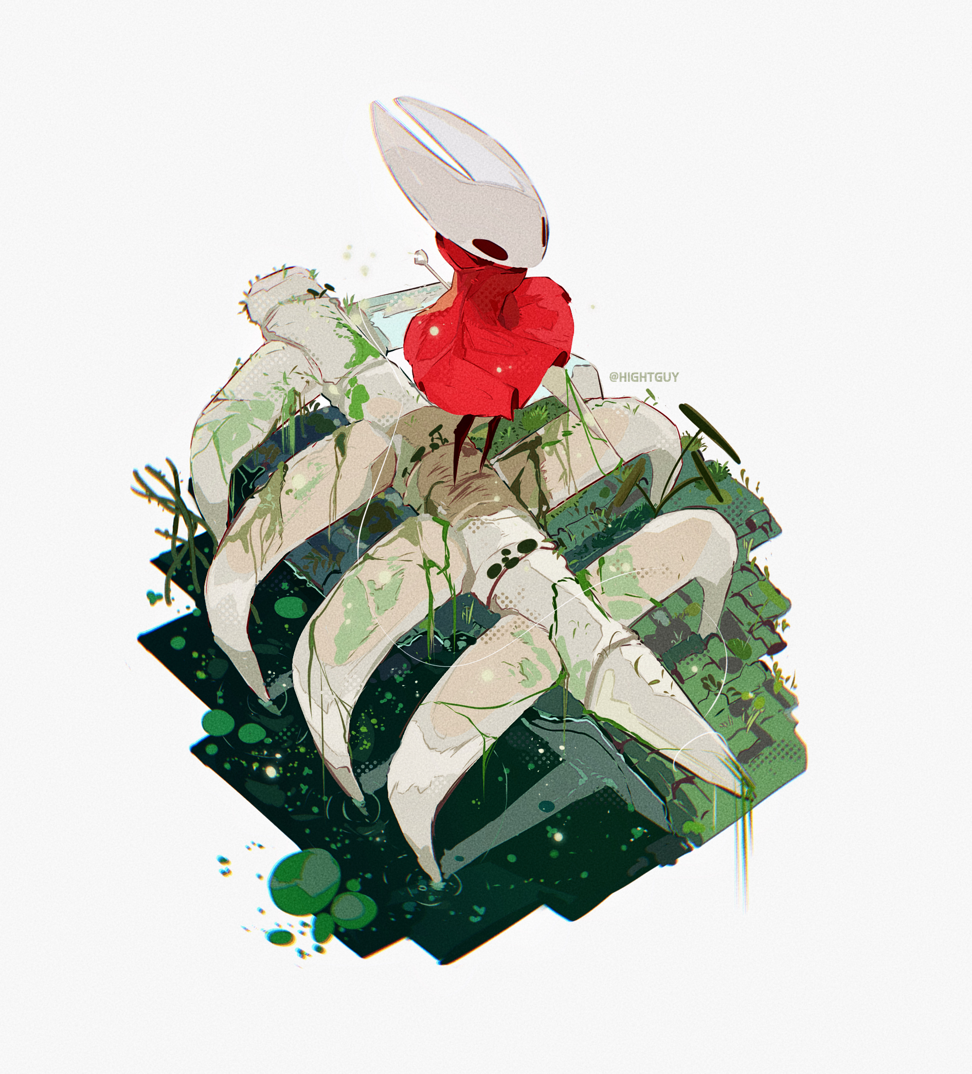 hightguy, hornet (hollow knight), hollow knight, chinese commentary, commentary request, highres, 1girl, artist name, chromatic aberration, cloak, film grain, from above, full body, grey background, halftone, hollow eyes, horns, looking ahead, no mouth, plant, red cloak, simple background, skeleton, solo, standing