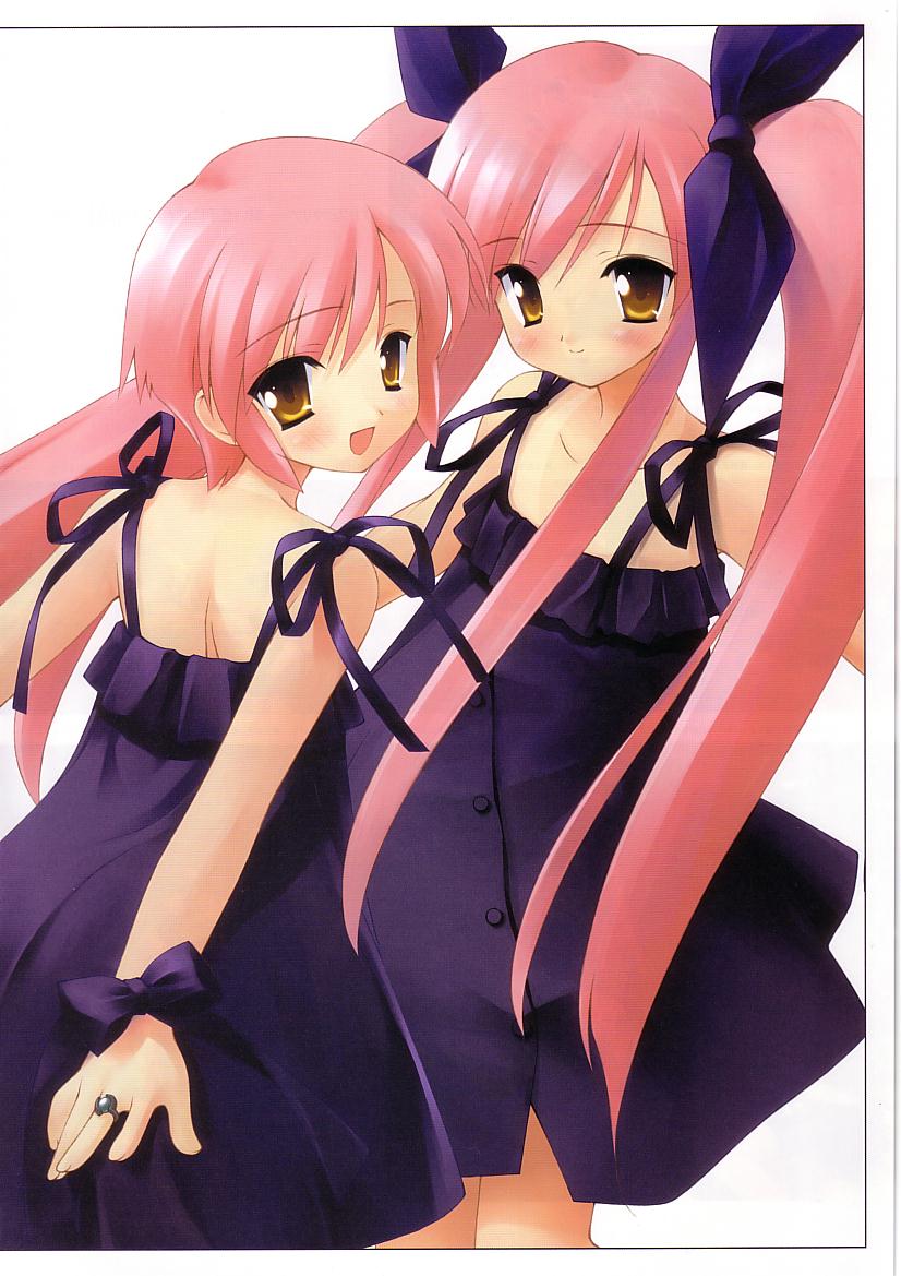 kousaka alice, kousaka maria, suigetsu, tagme, 2girls, back, blush, brown eyes, dress, long hair, looking at viewer, looking back, multiple girls, open mouth, pink hair, short hair, sisters, smile, standing, tongue, twins