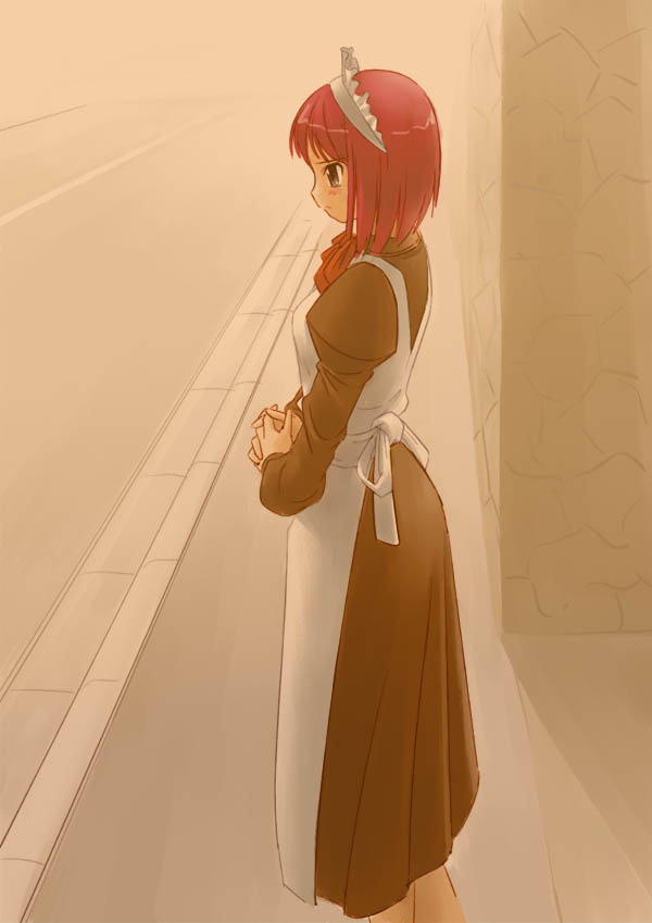 hisui (tsukihime), tsukihime, 00s, 1girl, apron, female focus, frills, from side, juliet sleeves, long sleeves, maid, maid apron, maid headdress, outdoors, own hands together, puffy long sleeves, puffy sleeves, purple eyes, red hair, ribbon, road, sad, short hair, sidewalk, solo, standing, street