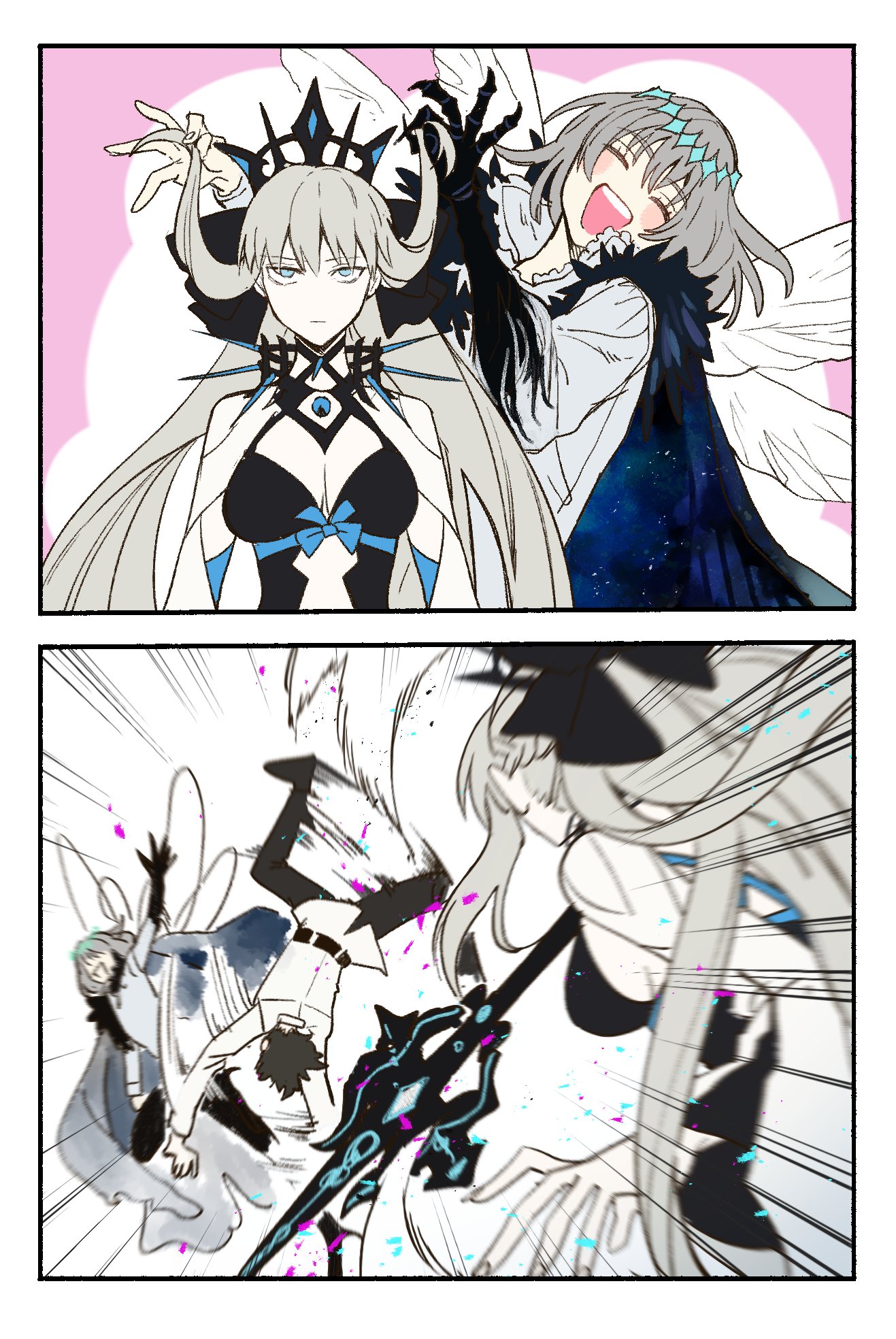 ryousuke (tukr5384), fujimaru ritsuka (male), morgan le fay (fate), morgan le fay (third ascension) (fate), oberon (fate), oberon (third ascension) (fate), fate/grand order, fate (series), highres, 1girl, 2boys, black bow, black hair, black tiara, blush, bow, braid, closed eyes, dragonfly wings, fur trim, grey hair, hair between eyes, hair bow, half up braid, holding, holding polearm, holding weapon, long hair, looking at viewer, multiple boys, open mouth, polearm, ponytail, short hair, smile, spikes, tiara, very long hair, weapon, white hair