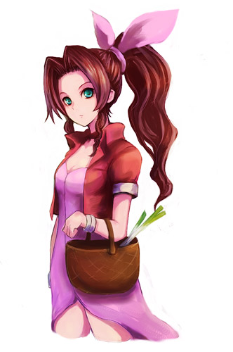 aerith gainsborough, final fantasy, final fantasy vii, lowres, 1990s (style), 1girl, aqua eyes, breasts, cleavage, female focus, long hair, retro artstyle, simple background, solo
