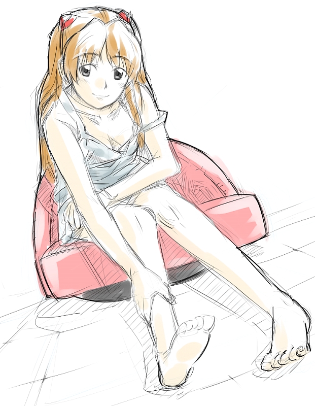 souryuu asuka langley, neon genesis evangelion, tagme, 1girl, barefoot, female focus, sitting, sketch, solo