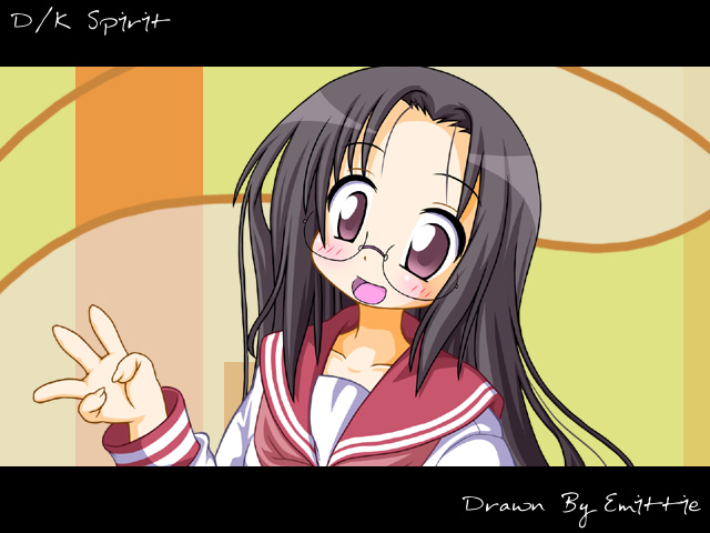 emitti, tamura hiyori, lucky star, motteke! serafuku, non-web source, 00s, 1girl, black hair, female focus, glasses, long hair, purple eyes, school uniform, serafuku, solo, w