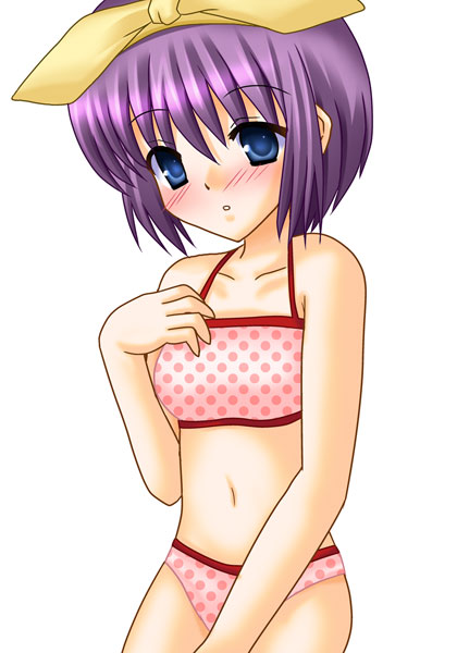 cross (crossryou), hiiragi tsukasa, lucky star, 00s, 1girl, bikini, blue eyes, blush, bow, breasts, collarbone, hair bow, looking at viewer, navel, parted lips, pink bikini, polka dot, polka dot bikini, purple hair, short hair, simple background, small breasts, standing, swimsuit, white background