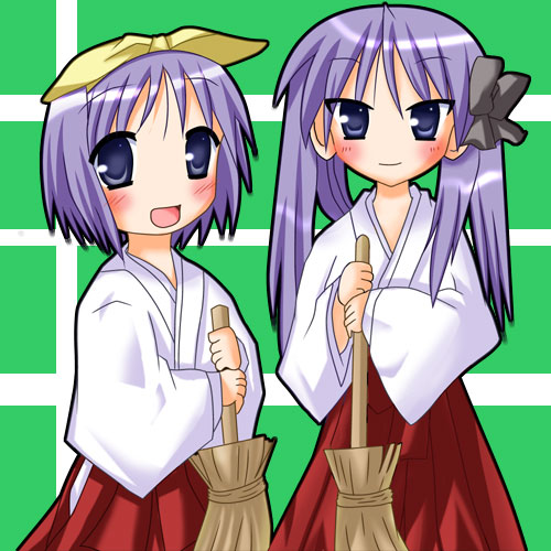 cross (crossryou), hiiragi kagami, hiiragi tsukasa, lucky star, lowres, tagme, 00s, 2girls, hair ribbon, hairband, japanese clothes, miko, multiple girls, sisters, standing, twins