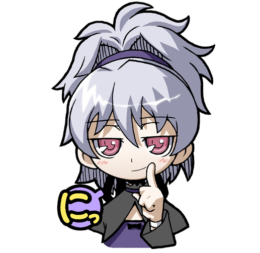 yagumo kengou, yin (darker than black), darker than black, 00s, 1girl, chibi, dress, female focus, fingersmile, grey hair, long sleeves, maroon eyes, pink eyes, ponytail, purple dress, purple ribbon, ribbon, simple background, solo, white background
