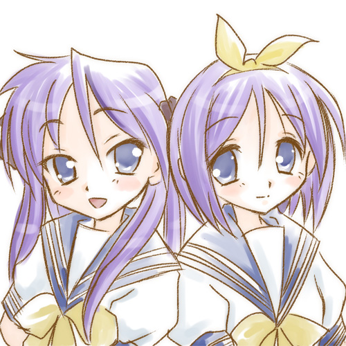 x-4kazu, hiiragi kagami, hiiragi tsukasa, lucky star, lowres, 00s, 2girls, blue eyes, blush, hair ribbon, hairband, long hair, multiple girls, open mouth, purple hair, ribbon, school uniform, serafuku, short hair, siblings, sisters, tongue, twins, twintails, upper body