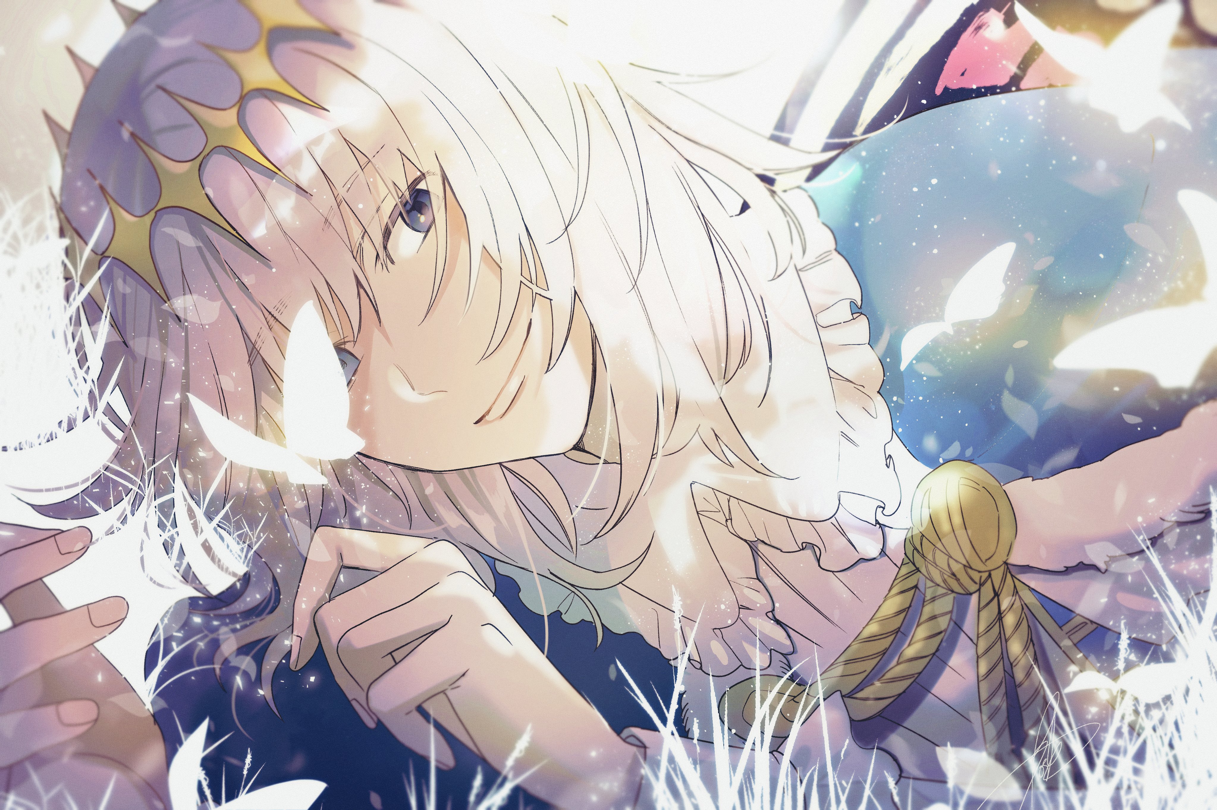 ryousuke (tukr5384), oberon (fate), oberon (first ascension) (fate), fate/grand order, fate (series), absurdres, highres, 1boy, blue eyes, bug, butterfly, butterfly wings, grey hair, hair between eyes, insect, insect wings, looking at viewer, short hair, simple background, smile, solo, wings