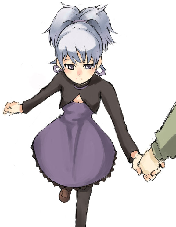 yamamoto shima, yin (darker than black), darker than black, 00s, 1girl, choker, dress, female focus, grey hair, hair ribbon, holding hands, long sleeves, pantyhose, ponytail, purple dress, purple eyes, purple ribbon, ribbon, simple background, solo focus, walking, white background