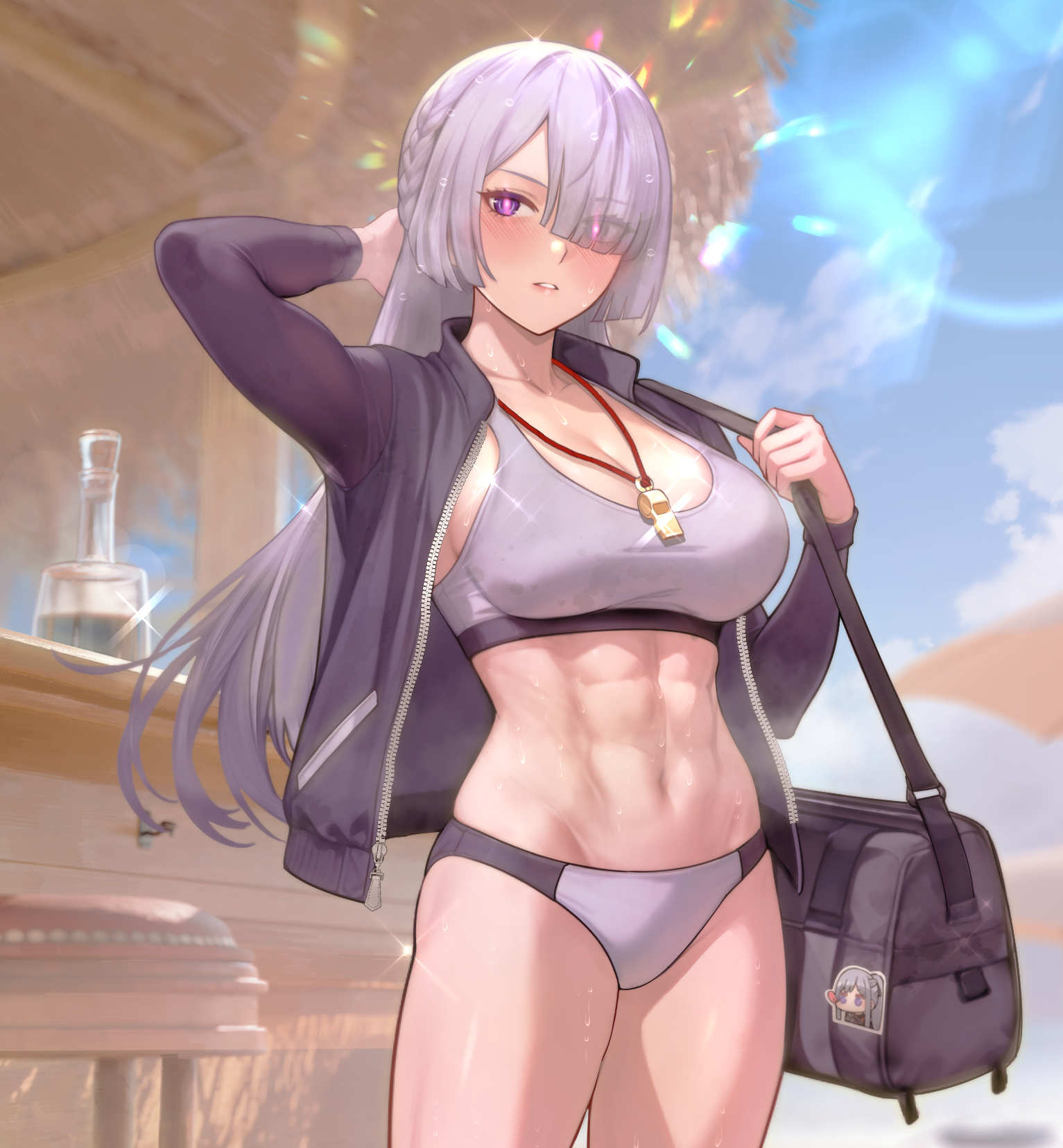 art undertaker, ak-12 (girls' frontline), ak-15 (girls' frontline), girls' frontline, girls' frontline 2: exilium, commentary request, highres, korean commentary, 1girl, abs, alternate costume, arm behind head, bag, black jacket, blue sky, blush, bottle, breasts, character sticker, cloud, collarbone, cowboy shot, duffel bag, glowing pupils, gold whistle, grey hair, hair over one eye, holding, holding bag, jacket, large breasts, lens flare, long hair, navel, open clothes, open jacket, outdoors, parted lips, purple eyes, sky, solo, sports bikini, sticker, sweat, voymastina (girls' frontline 2), whistle, whistle around neck