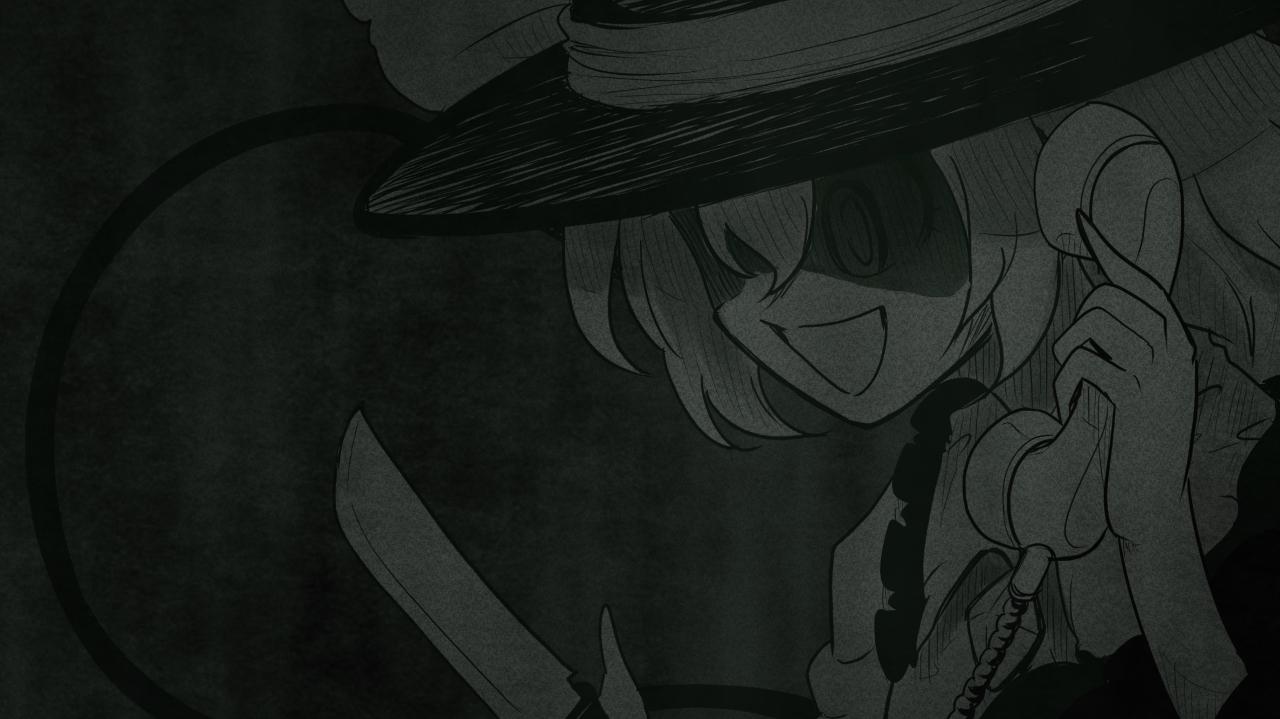 joyfull (terrace), komeiji koishi, touhou, urban legend in limbo, :d, corded phone, dark, greyscale, hat, hat ribbon, holding, holding knife, knife, linear hatching covered eyes, monochrome, muisiki rekuiemu, open mouth, parody, phone, ribbon, shaded face, smile, talking on phone, upper body, yandere