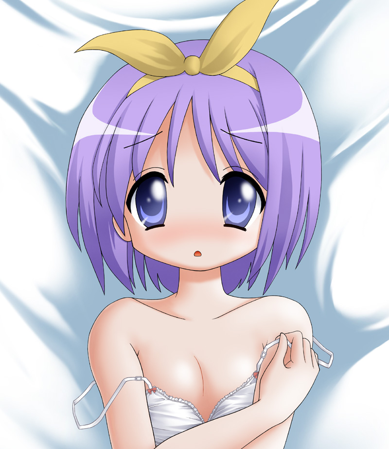 final (artist), narurun (final123), hiiragi tsukasa, lucky star, 00s, 1girl, bed, blush, bra, bra lift, breasts, collarbone, dakimakura (medium), female focus, hairband, lingerie, loli, looking at viewer, open mouth, purple eyes, purple hair, short hair, small breasts, solo, strap slip, underwear, upper body