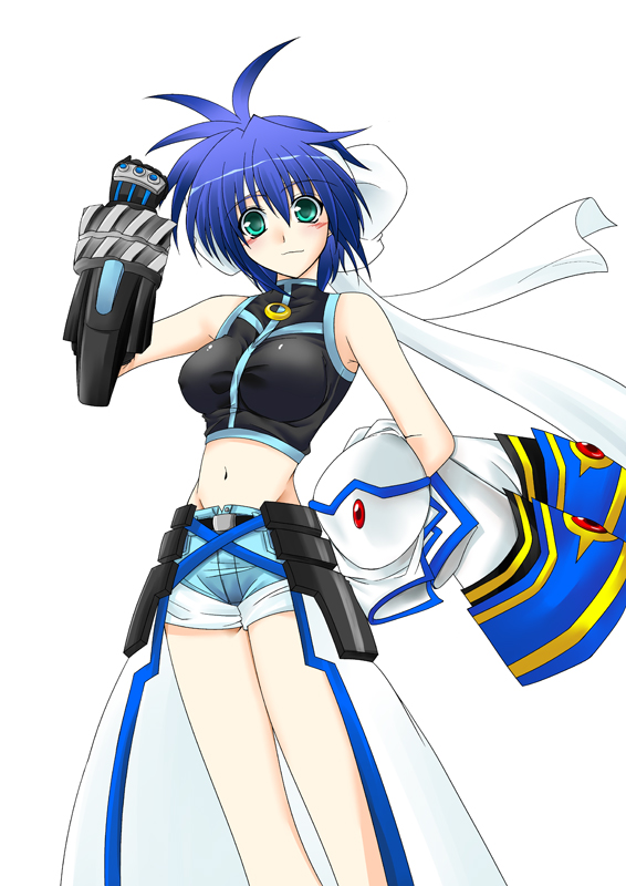 hagane soushi, revolver knuckle, subaru nakajima, lyrical nanoha, mahou shoujo lyrical nanoha, mahou shoujo lyrical nanoha strikers, 00s, blue hair, midriff, short hair, short shorts, shorts, solo
