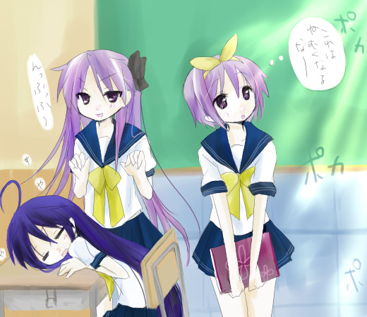 hiiragi kagami, hiiragi tsukasa, izumi konata, lucky star, 00s, 3girls, closed eyes, desk, multiple girls, school uniform, serafuku, sisters, sitting, sleeping, standing, twins