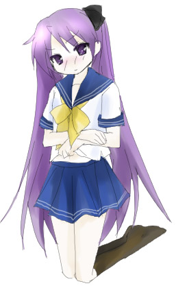 hiiragi kagami, lucky star, lowres, 00s, 1girl, blush, female focus, long hair, purple eyes, purple hair, school uniform, serafuku, simple background, skirt, solo, twintails
