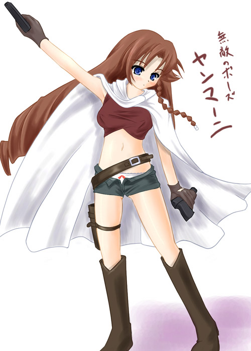 katsuragi niya, nadie, el cazador de la bruja, madlax, 00s, 1girl, belt, boots, braid, creator connection, denim, denim shorts, female focus, gun, gunbelt, handgun, holster, pistol, shorts, side braid, solo, standing, thigh strap, weapon