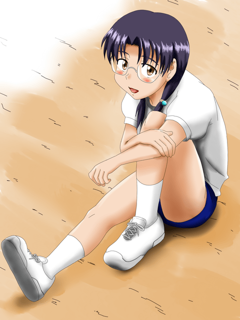 artist request, character request, copyright request, tagme, 1girl, black hair, blush, brown eyes, buruma, female focus, glasses, gym uniform, happy, open mouth, shoes, sitting, smile, sneakers, socks, solo, underwear, white socks