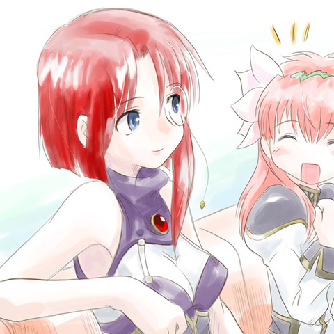 ugai yuichi, forte stollen, milfeulle sakuraba, galaxy angel, lowres, tagme, 00s, 2girls, blue eyes, breasts, large breasts, monocle, multiple girls, pink hair, red hair, short hair