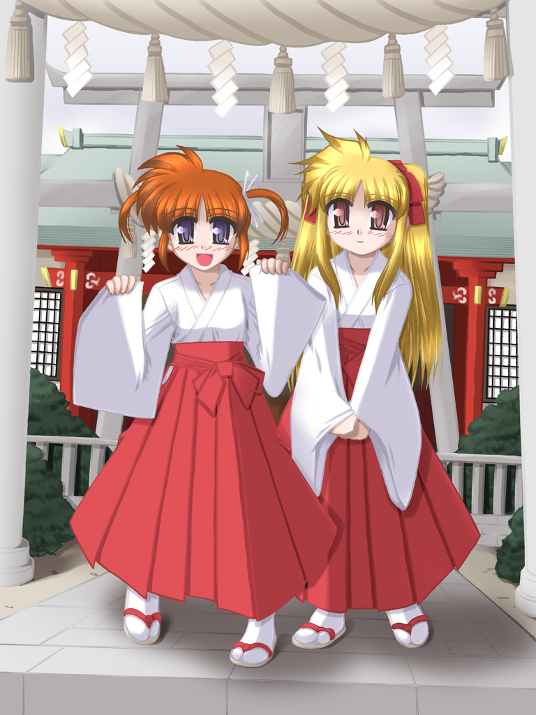 ooba kou, fate testarossa, takamachi nanoha, lyrical nanoha, mahou shoujo lyrical nanoha, tagme, 00s, japanese clothes, miko
