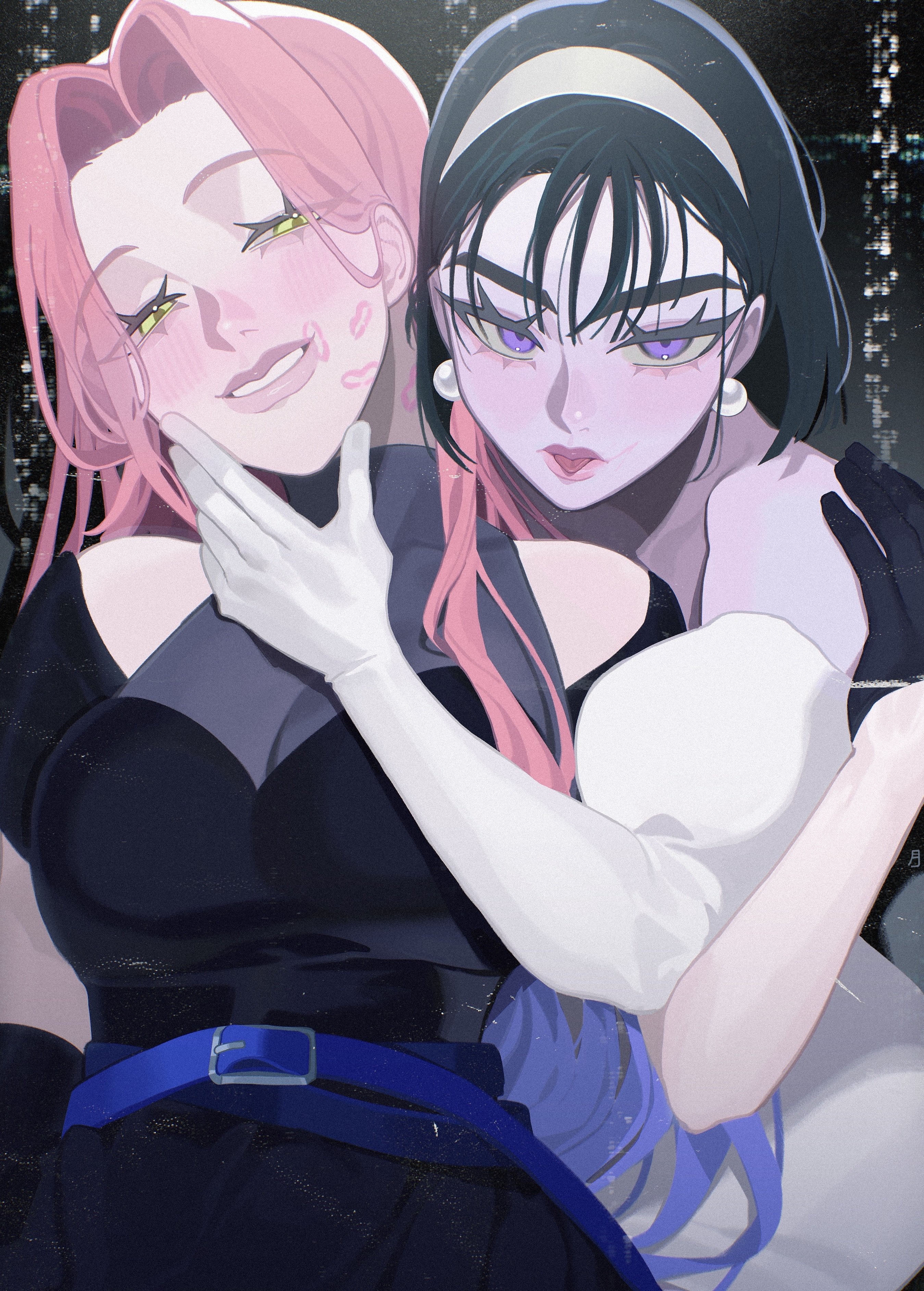 h0rtens1a, mizi (alien stage), sua (alien stage), alien stage, absurdres, commentary, english commentary, highres, 2girls, belt, black dress, black gloves, black hair, blue belt, blue hair, breasts, clothing cutout, dress, gloves, hairband, hand on another's chin, lipstick mark, lipstick mark on face, long hair, multicolored hair, multiple girls, pink hair, puffy sleeves, purple eyes, short hair, short sleeves, shoulder cutout, smile, tongue, tongue out, two-tone hair, white gloves, white hairband, yellow eyes, yuri