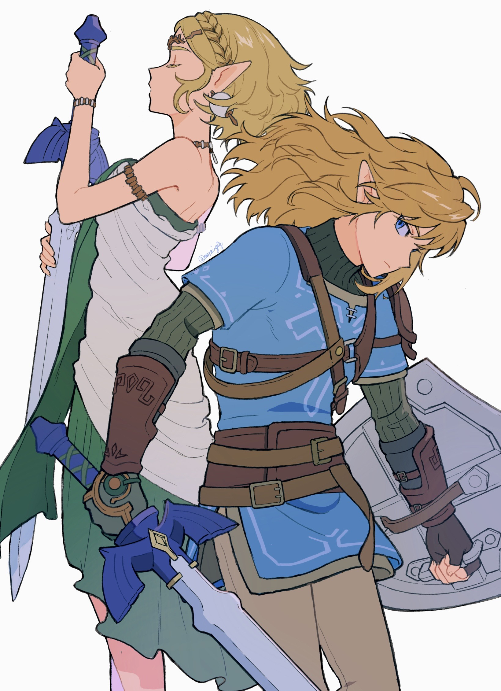 asa8720, link, princess zelda, nintendo, the legend of zelda, the legend of zelda: tears of the kingdom, commentary request, highres, 1boy, 1girl, armlet, artist name, bare shoulders, belt, blue eyes, blue tunic, bracelet, bracer, braid, brown belt, brown gloves, brown pants, champion's tunic (zelda), closed mouth, crown braid, dress, earrings, fingerless gloves, gloves, green dress, hair down, holding, holding shield, holding sword, holding weapon, hylian shield, jewelry, layered sleeves, long sleeves, looking at viewer, master sword, medium hair, necklace, pants, pointy ears, shield, short hair, short over long sleeves, short sleeves, shoulder belt, sideways glance, simple background, sword, tunic, two-tone dress, weapon, white background, white dress