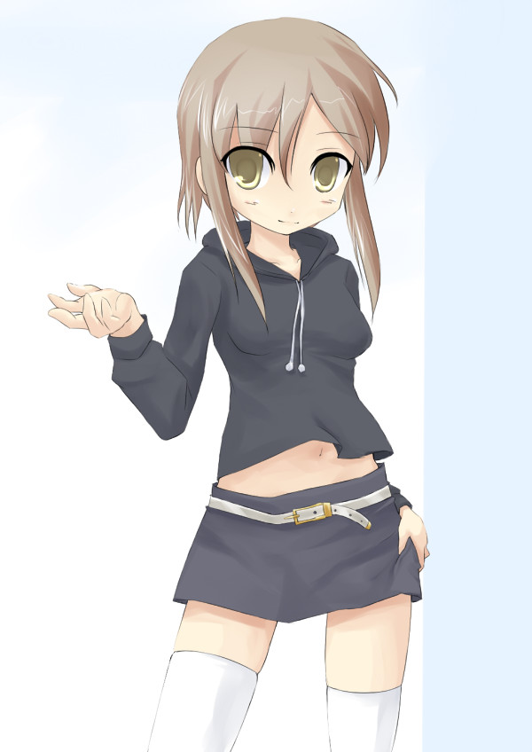 kuro (be ok), tagme, navel, simple background, skirt, thighhighs
