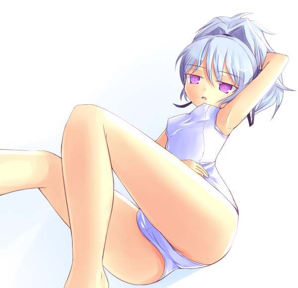 kuro (be ok), yin (darker than black), darker than black, 00s, 1girl, armpits, female focus, grey hair, hair ribbon, ponytail, purple eyes, ribbon, simple background, solo, swimsuit, white background