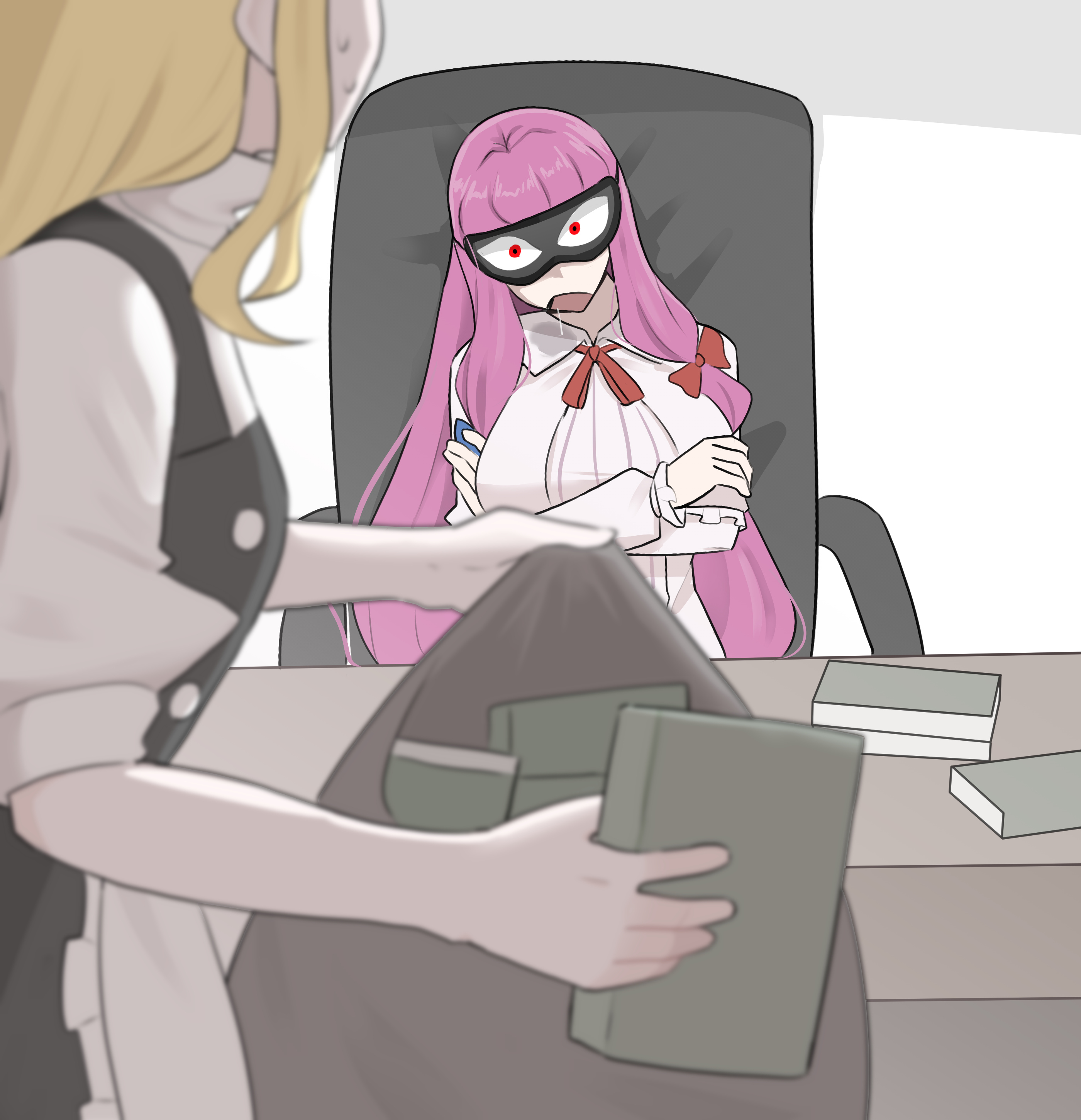 mata (matasoup), kirisame marisa, patchouli knowledge, touhou, absurdres, commentary, english commentary, highres, 2girls, apron, black skirt, black vest, blonde hair, blue bow, book, bow, crossed arms, dress, drooling, facing viewer, hair bow, holding, holding book, holding sack, long hair, long sleeves, looking at another, multiple girls, neck ribbon, open mouth, pink dress, puffy short sleeves, puffy sleeves, purple hair, red bow, red ribbon, ribbon, sack, shirt, short sleeves, sitting, skirt, sleep mask, sleeping, theft, very long hair, vest, waist apron, white apron, white shirt
