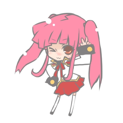 vynn, kayanuma kiko, darker than black, lowres, 00s, 1girl, chibi, female focus, full body, pink hair, simple background, skirt, solo, thighhighs, twintails, v, white background