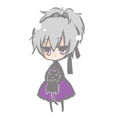 vynn, mao (darker than black), yin (darker than black), darker than black, lowres, 00s, 1girl, black cat, carrying, cat, chibi, dress, female focus, full body, grey hair, hair ribbon, long sleeves, ponytail, purple dress, ribbon, simple background, white background